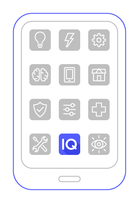 Smartphone screen displaying various icons for settings and features, including a lightbulb, lightning bolt, gear, brain, tablet, store, shield, sliders, medical cross, tools, IQ logo, and eye.