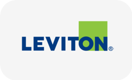 Leviton logo with blue text and a green square