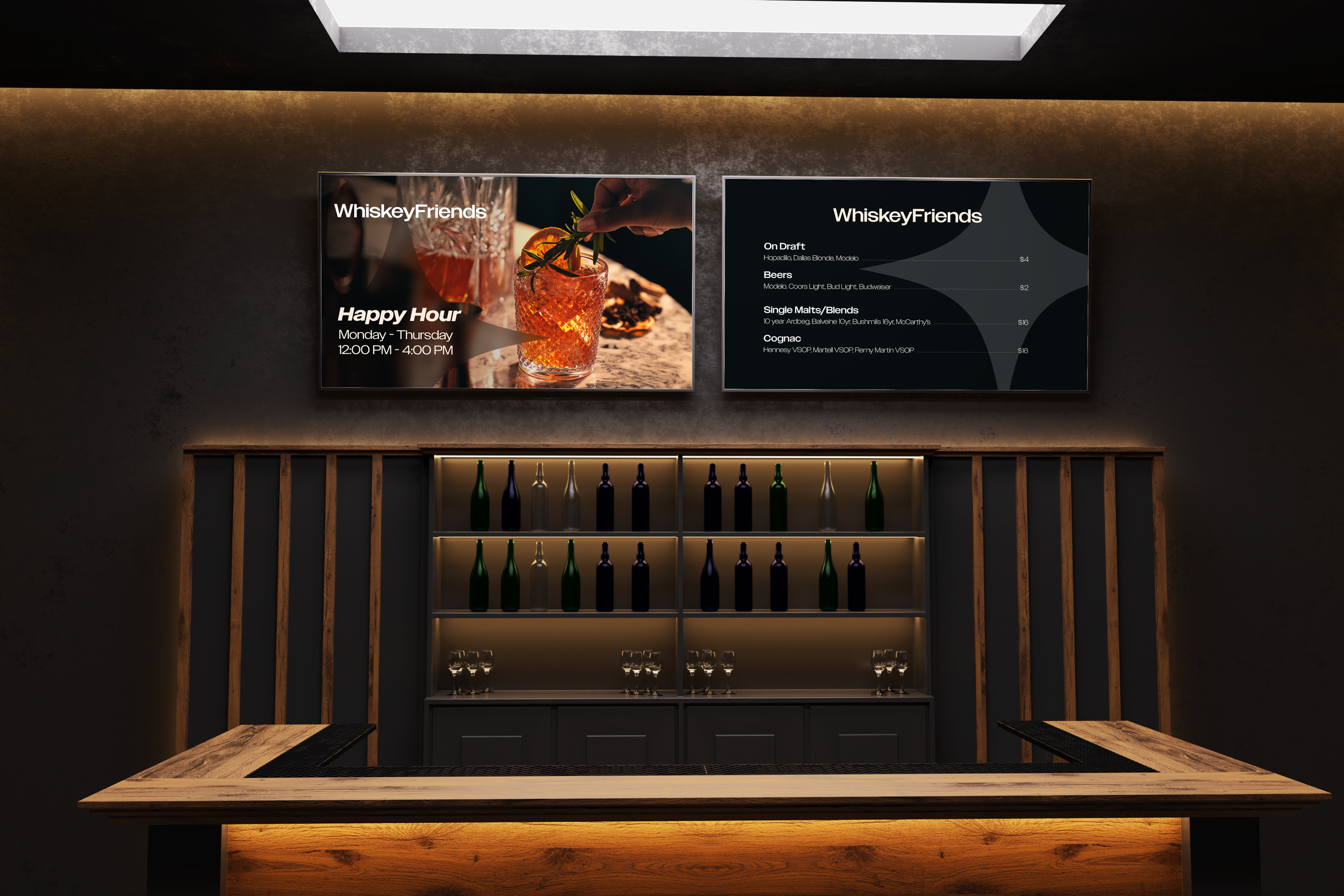 Outdoor seating area with wooden tables and chairs at a bar, with three television screens displaying the WorldSprings logo, under a wooden pergola with string lights, in front of a building with a wooden roof and brick walls.