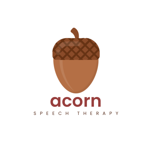 Logo for 'Acorn Speech Therapy' featuring an acorn with a textured cap and the text 'acorn' and 'SPEECH THERAPY' underneath.