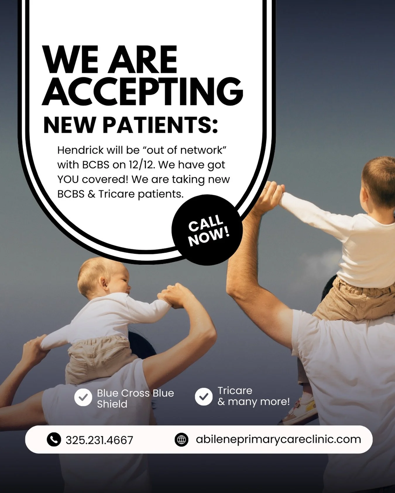 Keep your family covered! Hendrick will be out of network with BCBS as of 12/12. For all your medical needs, call us to get scheduled! We are accepting most insurance plans including BCBS and Tricare.

📞 325-231-4667