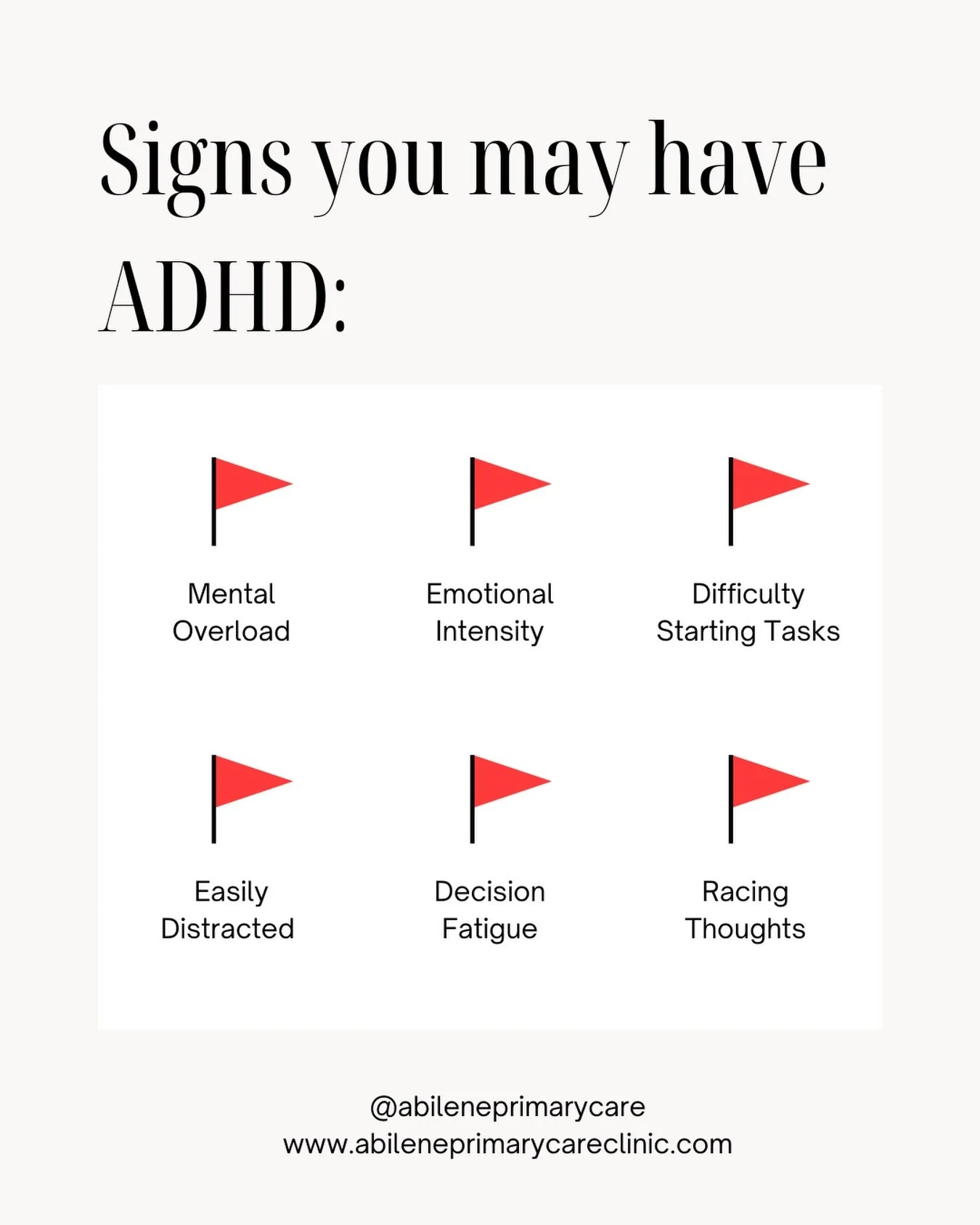 Are you suffering with mental overload? Are you easily distracted and feel unable to complete tasks? You may have ADHD. Come visit us at Abilene Primary Care to get tested and start treatment today! 

📞 325-231-4667

🔗 www.abileneprimarycareclinic.