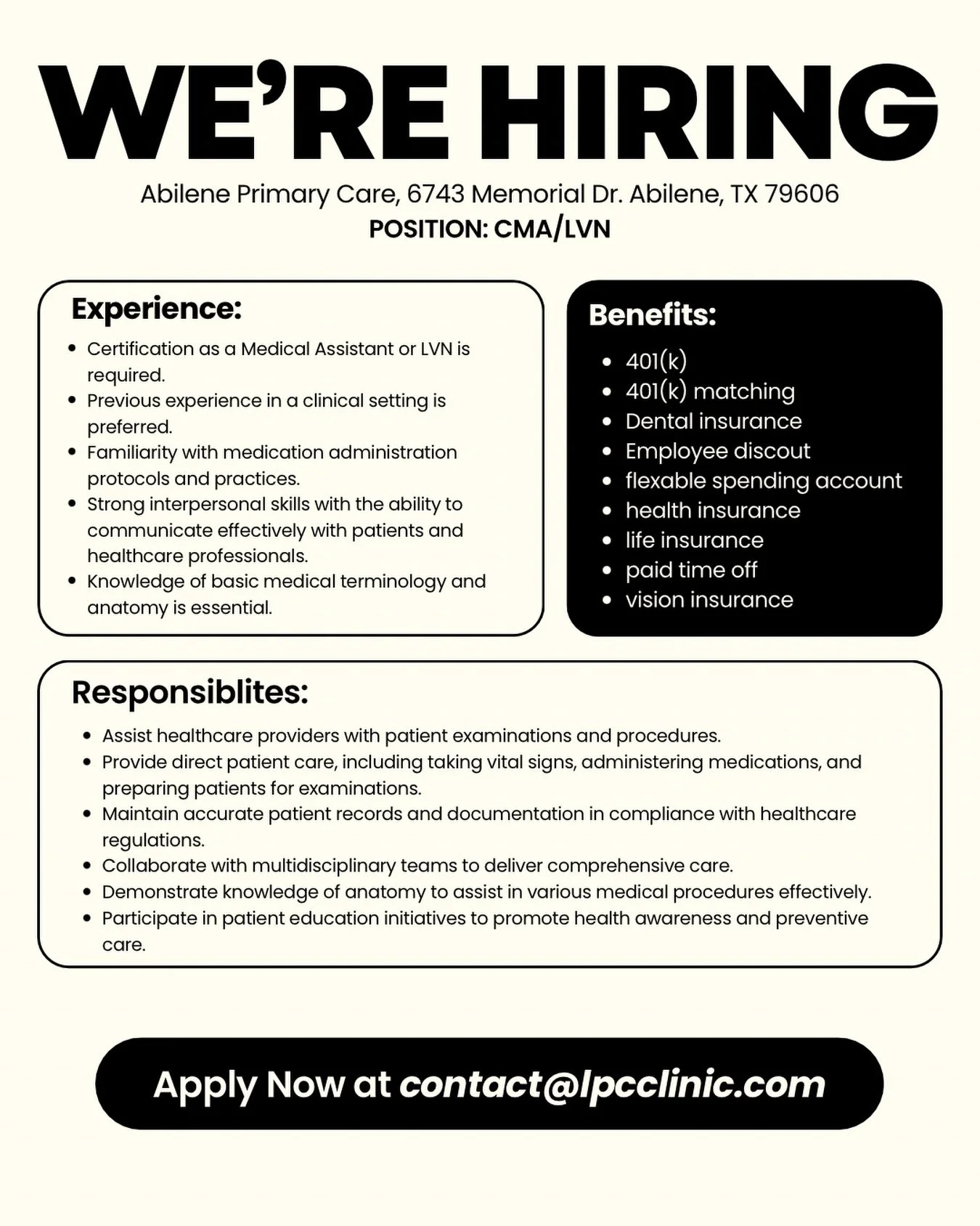 Join our team today!! 

#abilene #jobseekers #medicalassistant #lvn
