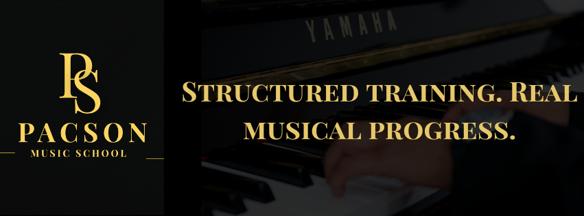 Pacson Music School logo with the text "Structured training. Real musical progress." over a blurred image of someone playing a piano.