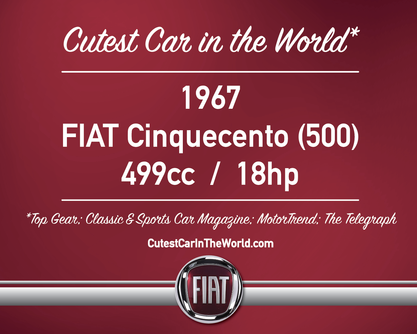Information card listing the 1967 Fiat Cinquecento as the cutest car in the world, with specifications of 499cc engine and 18 horsepower, featuring Fiat logo at the bottom.
