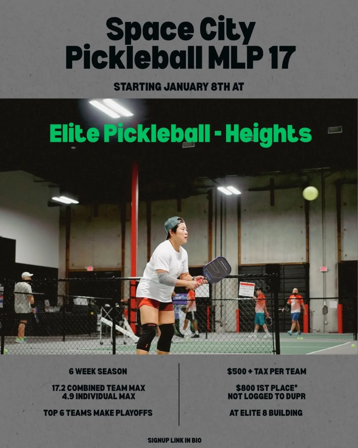 CALLING ALL ADVANCED PLAYERS!

Come join our first league at Elite Pickleball Heights. 8-11pm on Thursdays with playoffs on week 6 starting at 7pm

NOT LOGGED TO DUPR

800 dollars up for grabs of there are 8 teams.