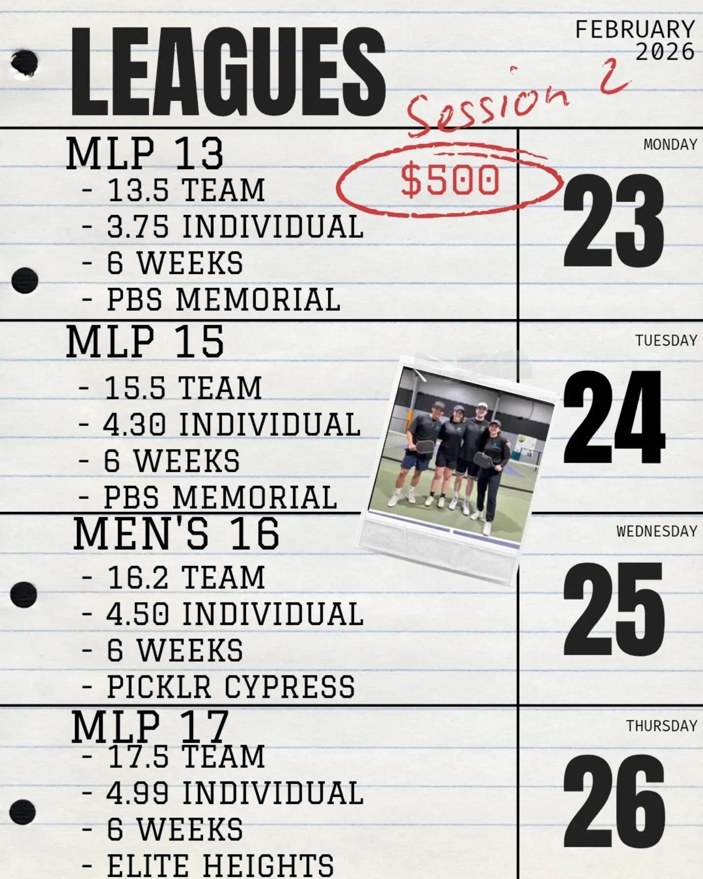 Don't get stuck out in the cold... Sign up for our upcoming season and play INDOORs 

All leagues are a flat $500.00, we'll cover the taxes. All leagues are DUPR input EXCEPT for MLP 17

$600 1st place prize for 8 team leagues, $500 for 6 teams. Meda