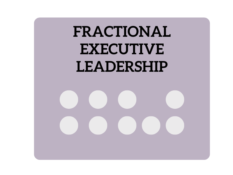 Text reading 'Fractional Executive Leadership' above eight white circles on a purple background.