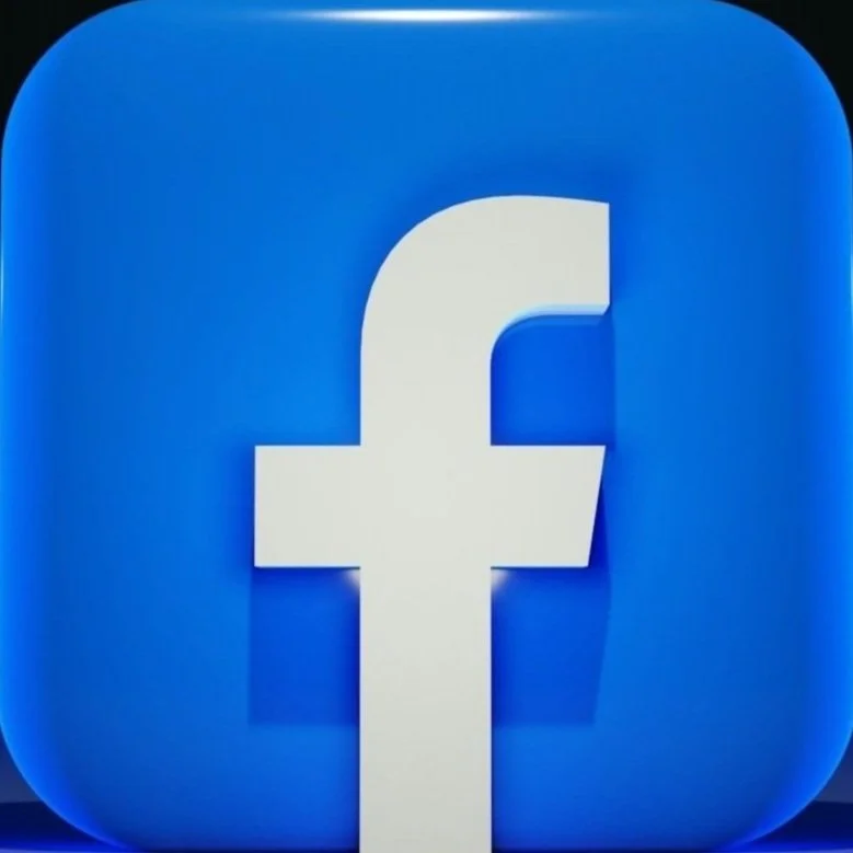 Large white Facebook logo on a blue background.