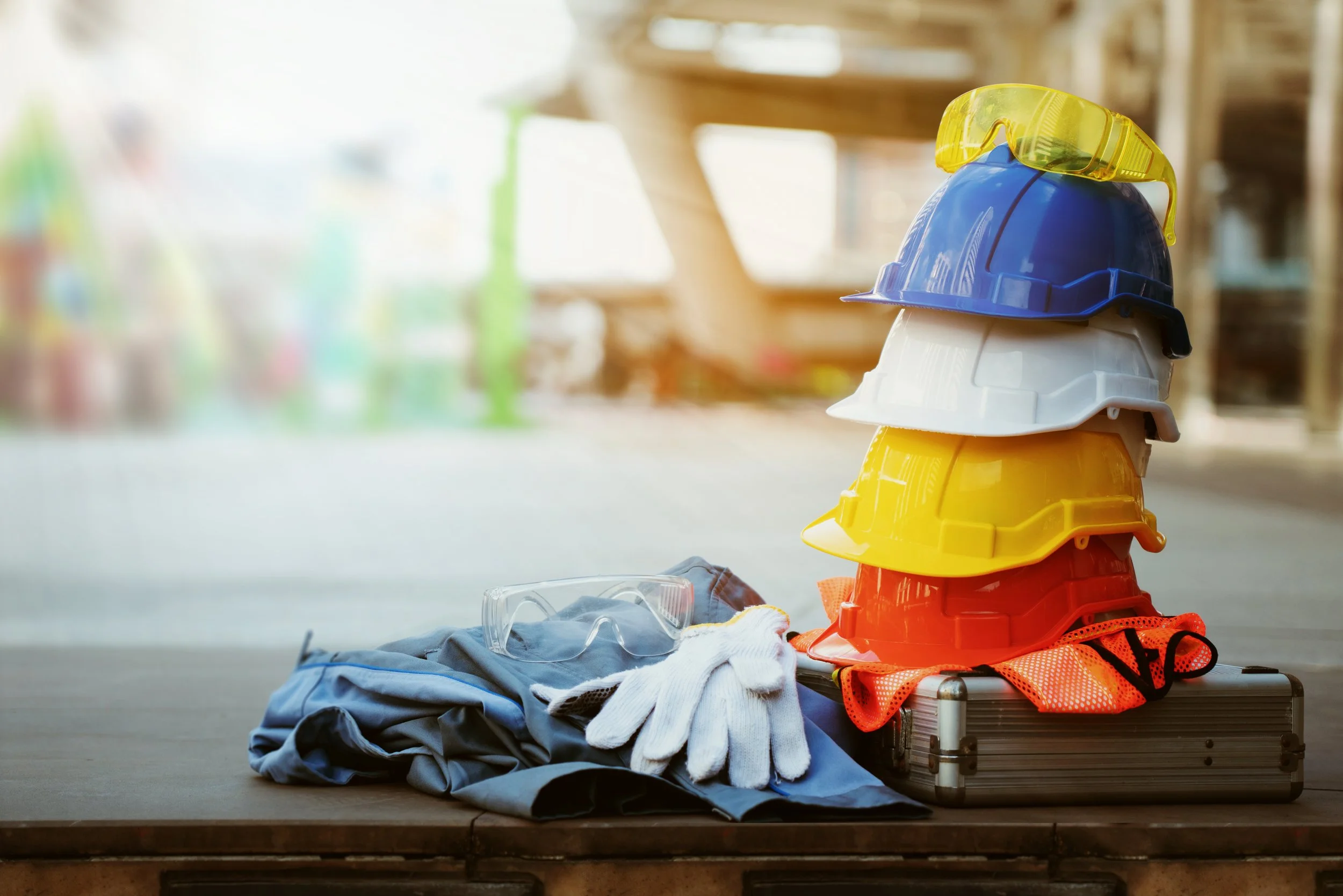 Link to "safety & sustainability" page. Stacked colorful safety helmets, safety goggles, gloves, and safety vest on a table in a construction site.