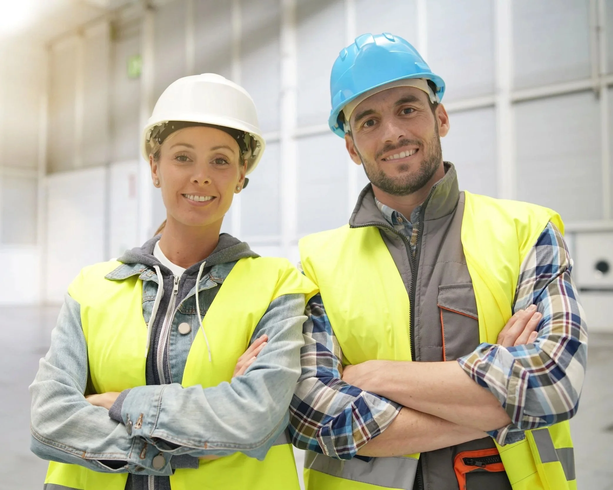 Two construction workers, a woman and a man, standing side by side in a building site. They are smiling and wearing yellow safety vests and hard hats, with the woman in a white hard hat and the man in a blue one.