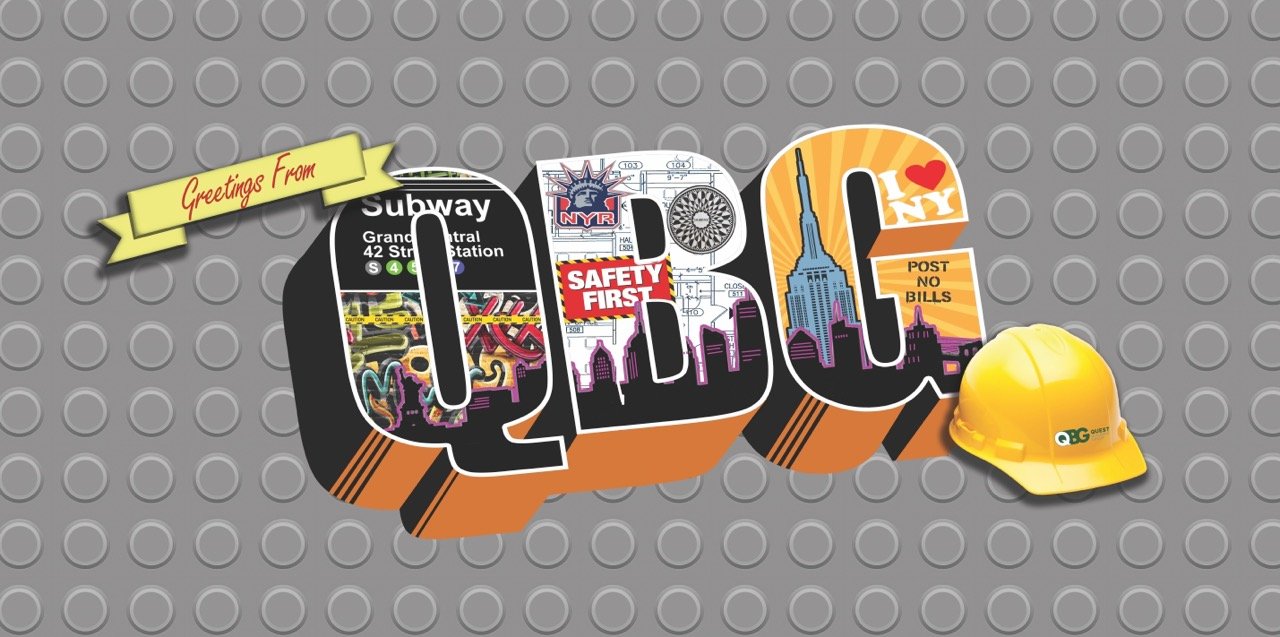 Colorful graphic of the letters Q B G decorated with NYC landmarks, a construction helmet, and a banner reading "Greetings From" on a gray circular pattern background.