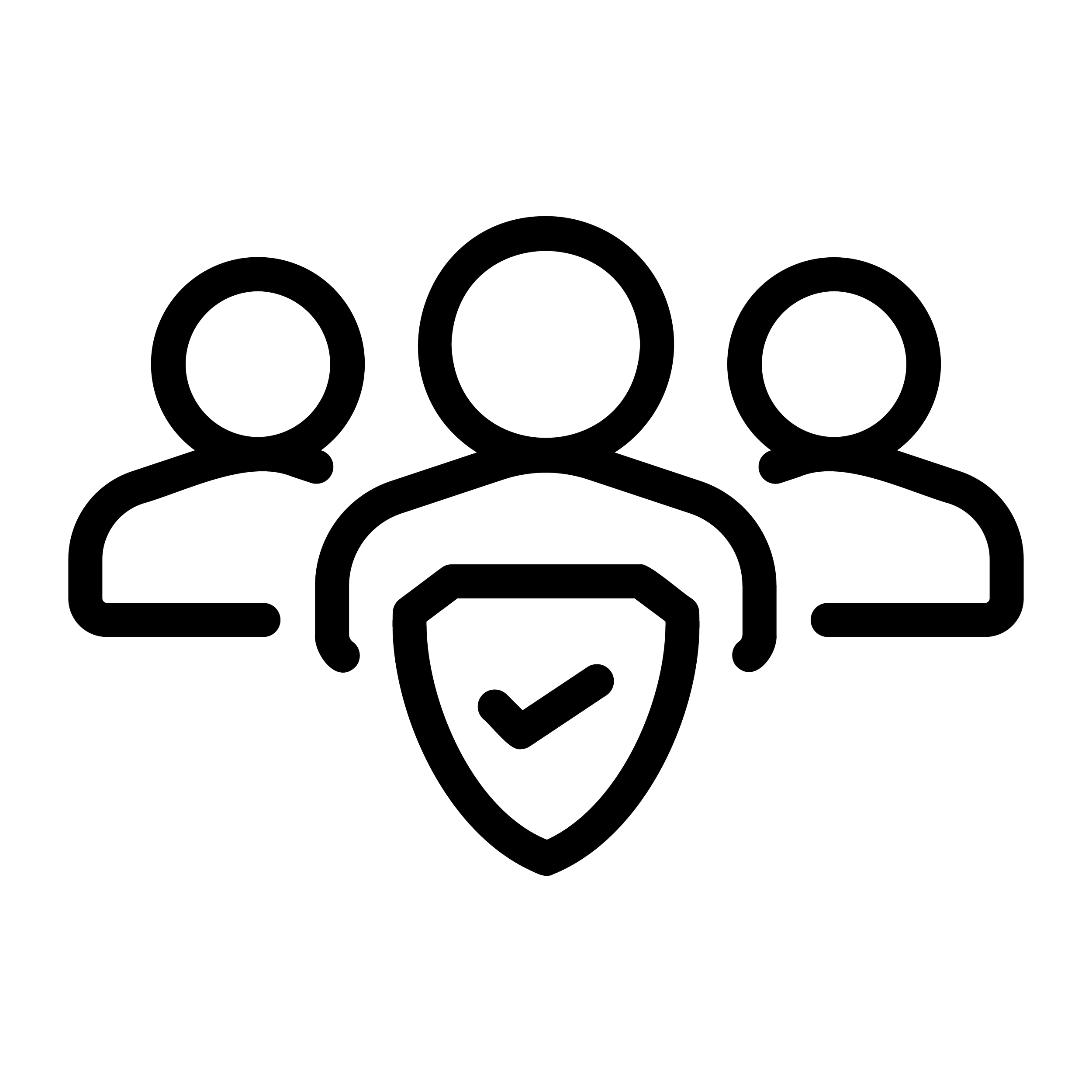 Clipart line drawing of three figures, one is front and center, two are behind in a triangular formation. There is a shield with a check mark in front of the centered figure, representing security or user protection.