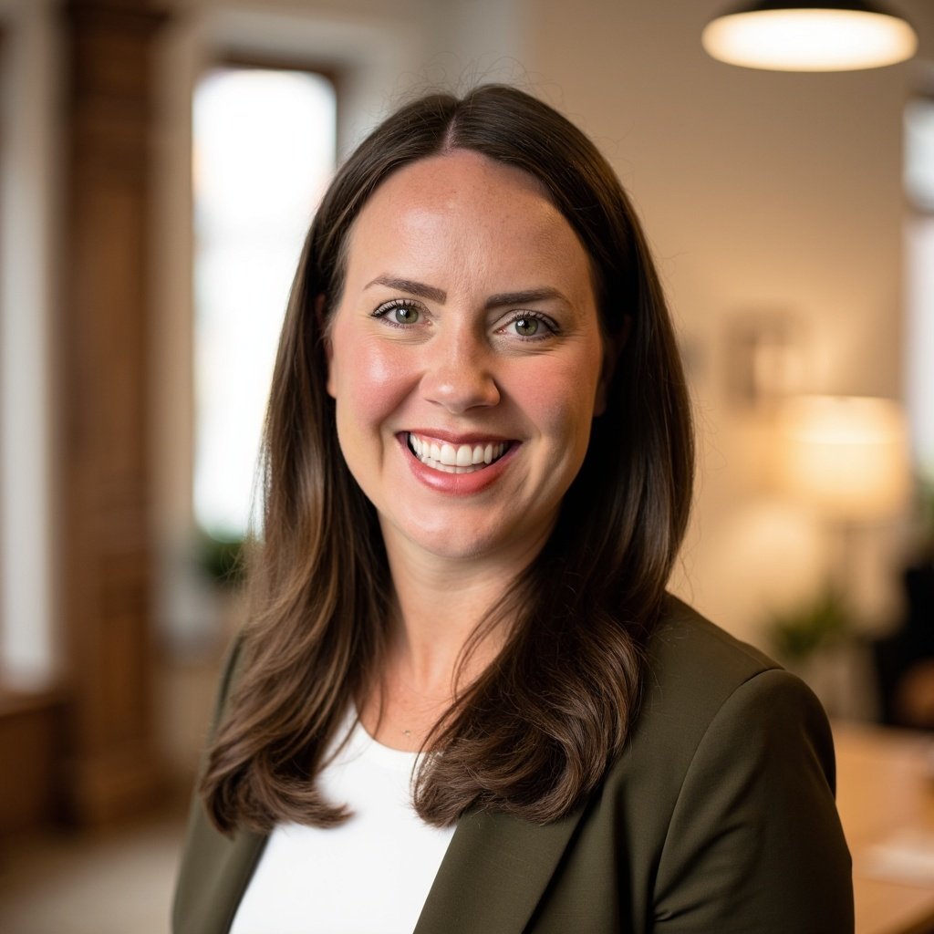 Portrait of a smiling woman with long brown hair, wearing a dark blazer and a white top, standing indoors with blurred background of windows and warm lighting.