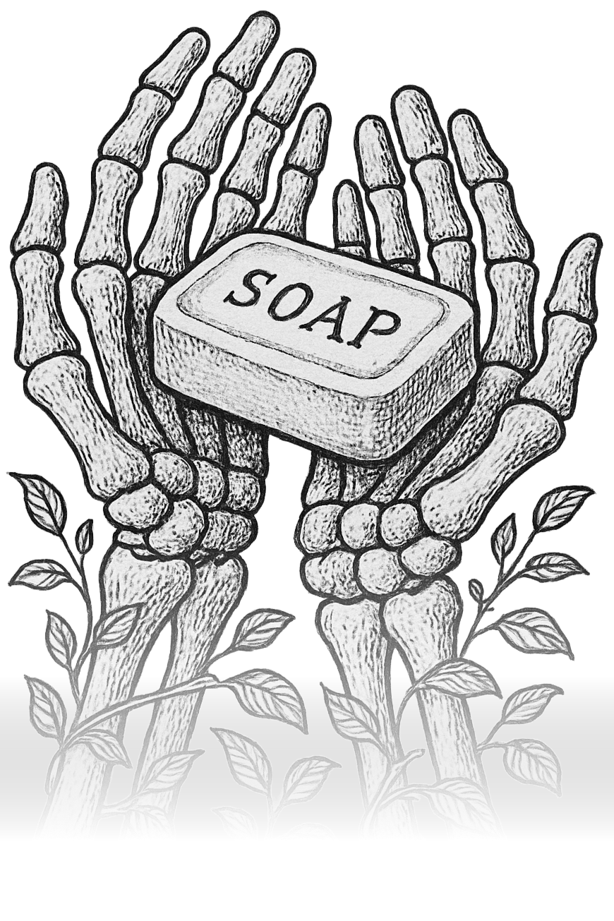 A drawing of two skeletal hands holding a bar of soap labeled 'SOAP', with leafy plants growing around the hands.