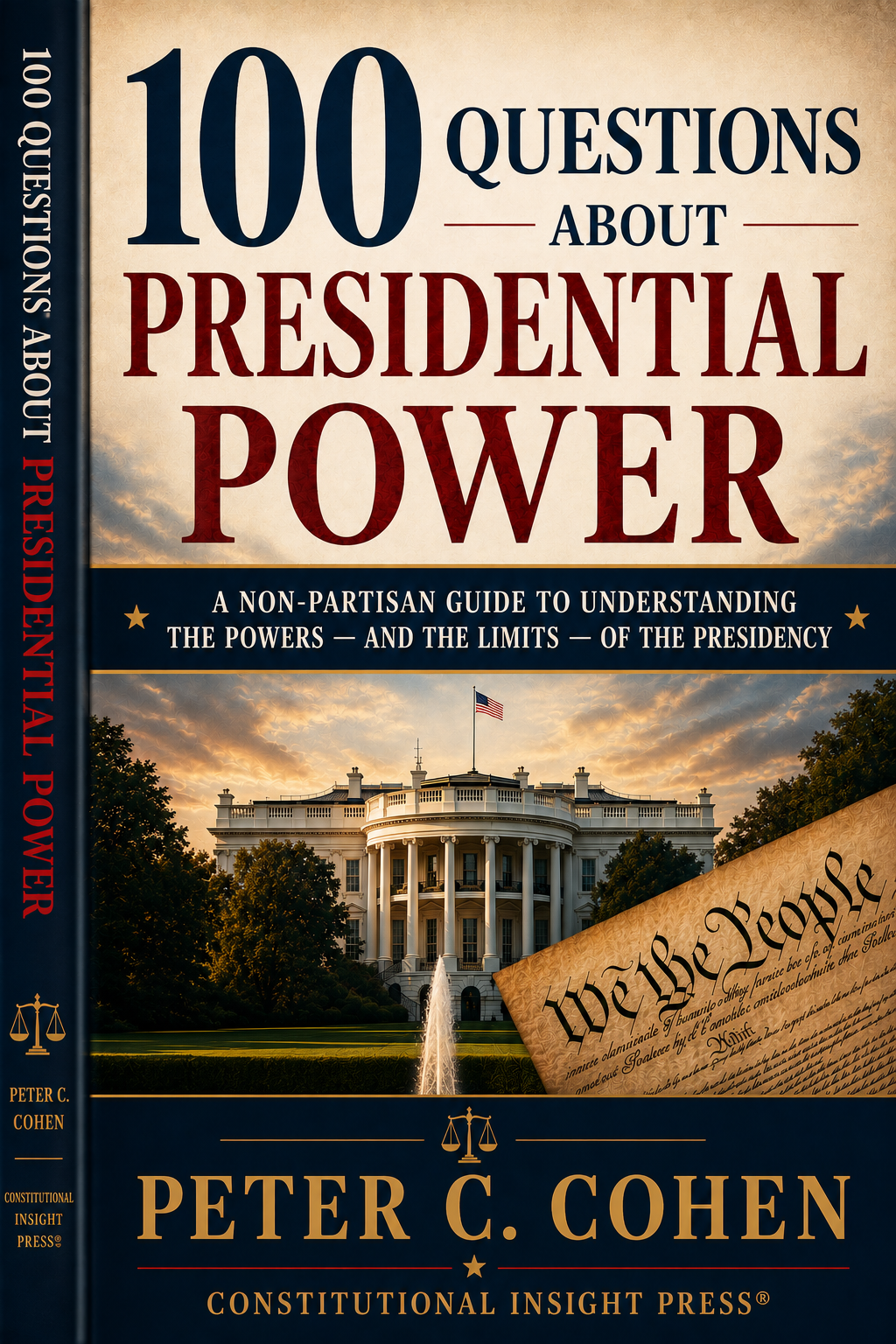 Book cover titled '100 Questions About Presidential Power' by Peter C. Cohen, featuring an image of the White House at sunset and a partial copy of the U.S. Constitution.