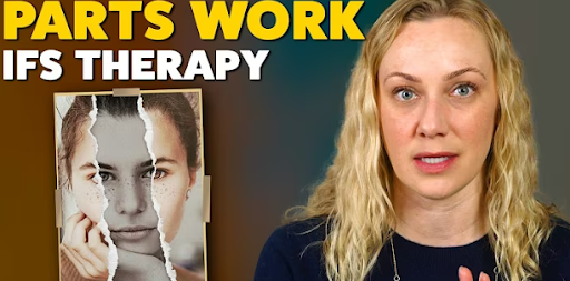 A woman with blonde hair and blue eyes speaking, with a poster behind her showing a black-and-white photo of a person's face being stitched together.