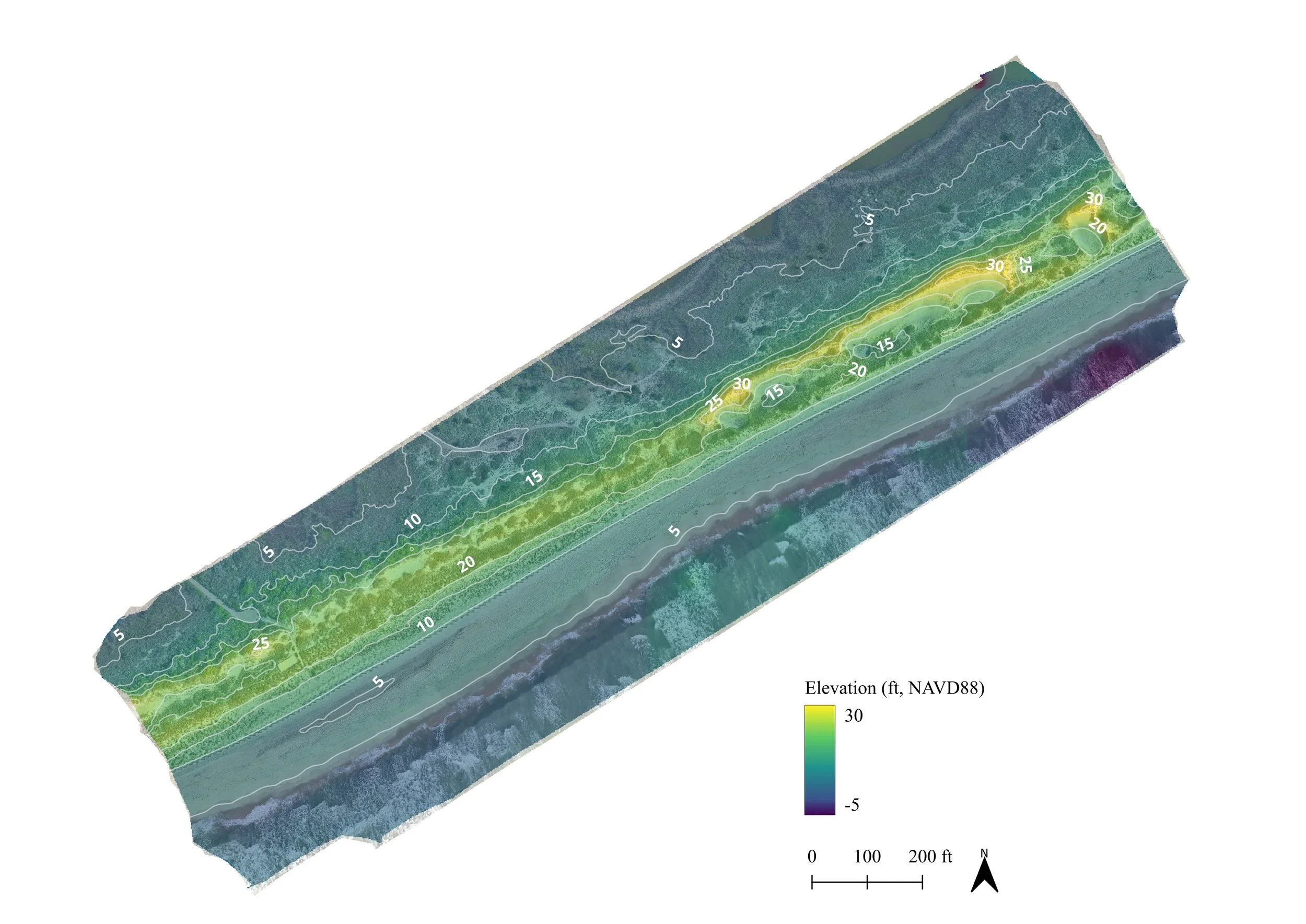 Color-coded digital elevation model of Flying Point Beach dune system, ranging from -5 to 30 feet NAVD88, with contour lines marking elevation in 5-foot increments.