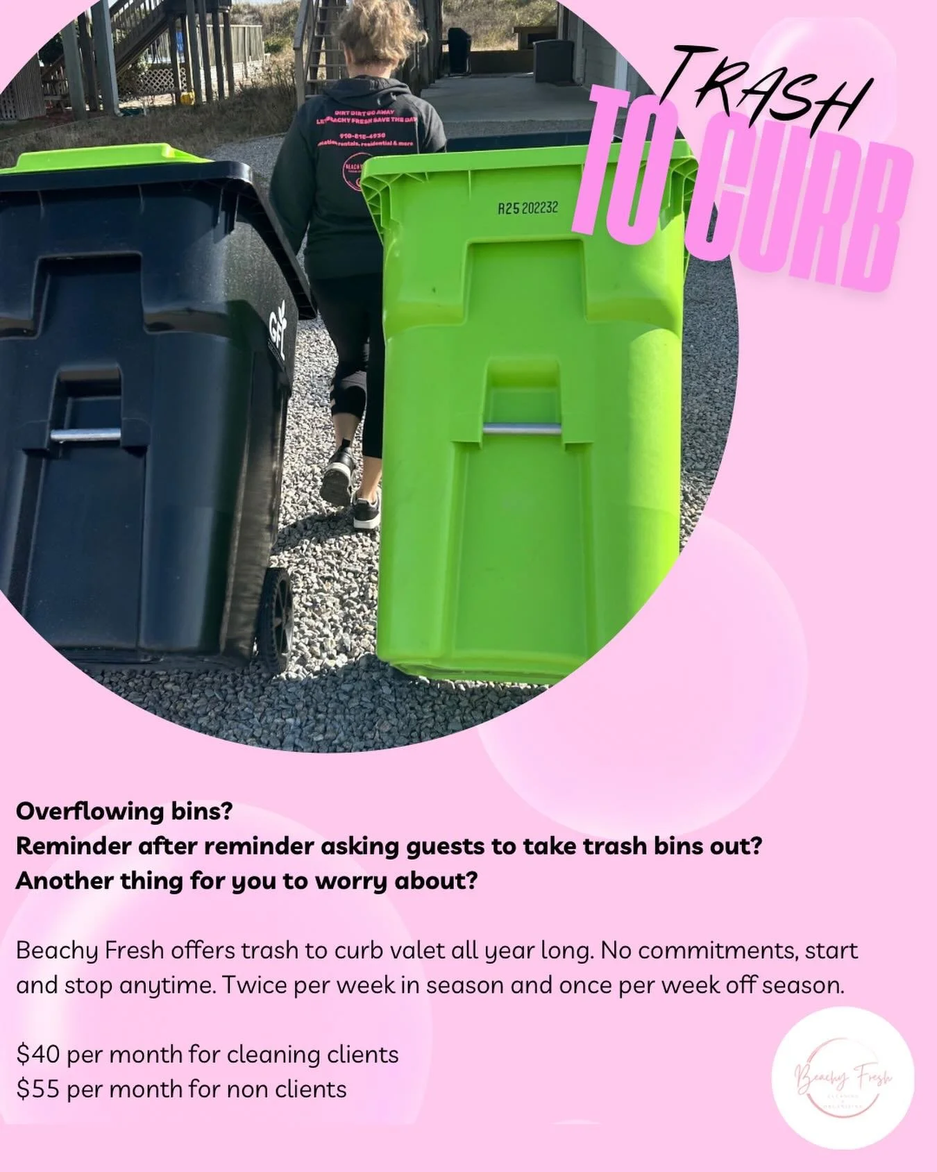 Overflowing trash cans in front of your beautiful beachfront property is NOT the way you want to welcome your guests to their vacation. 
A lot of homeowners rely on asking guests to pull bins to the curb and frankly it doesn&rsquo;t always happen- le