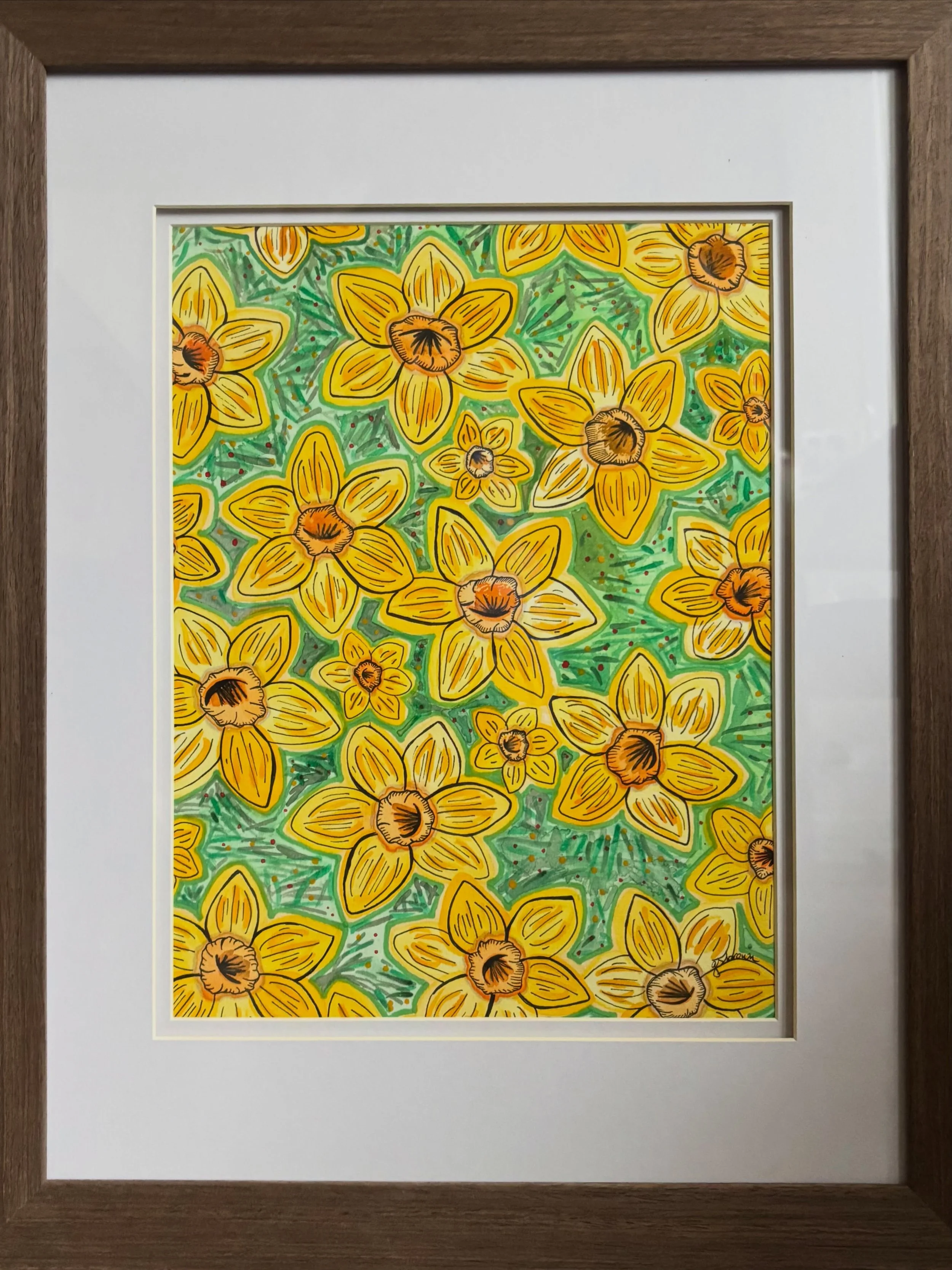 &ldquo;Chasing the sun&rdquo; is a watercolor and ink painting that is about my love for sunny daffodils and the hope of spring. 

It has been on display at the @northbrookpl for the last month and a half as part of the @northbrookartscommission show