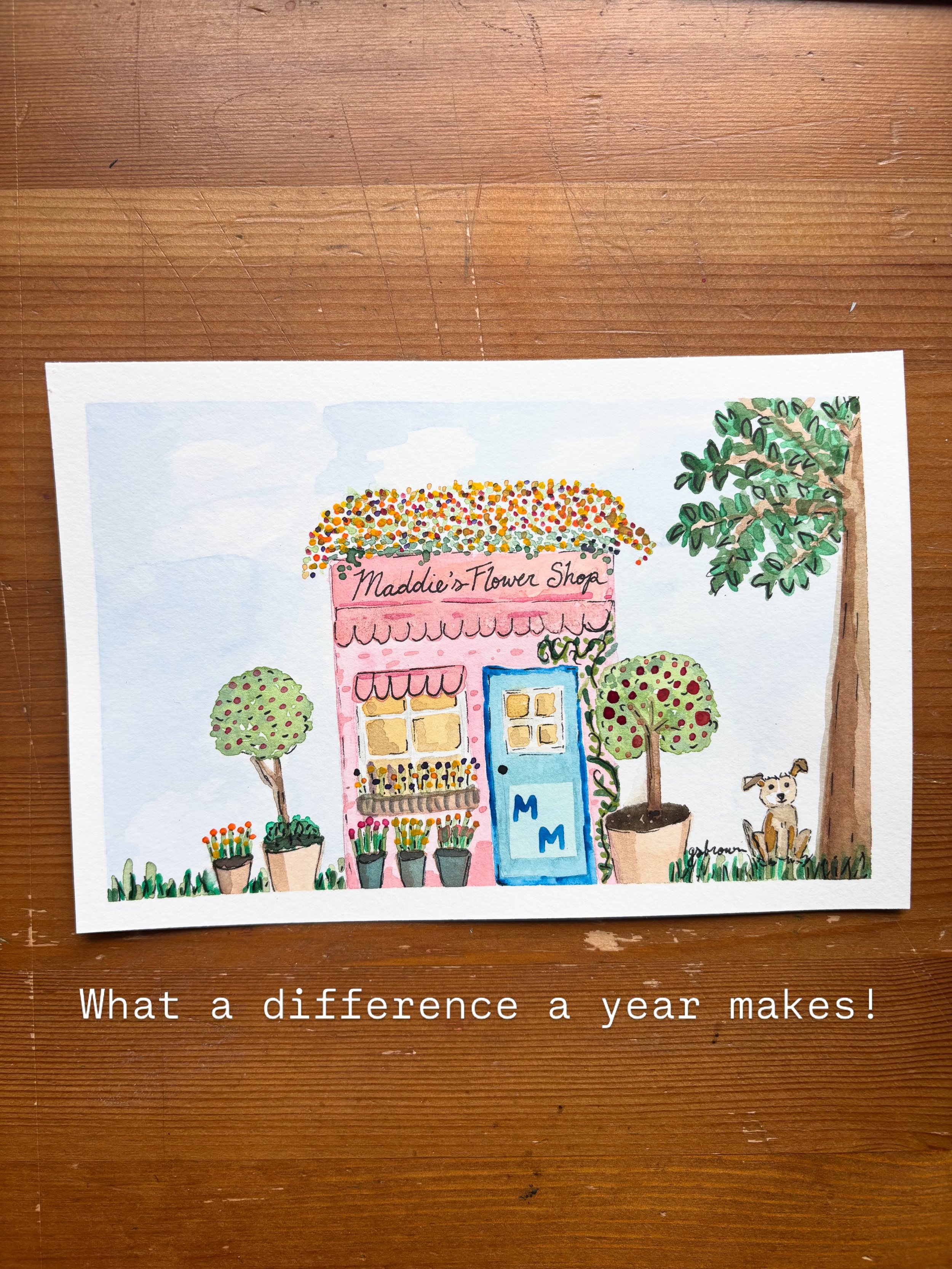 A year ago, I painted this little flower shop for @megkatemcalarney &lsquo;s daughter for her birthday.

I remember loving its charm and whimsy, while also feeling like my skills hadn&rsquo;t quite caught up to the picture in my head. So I made a pro