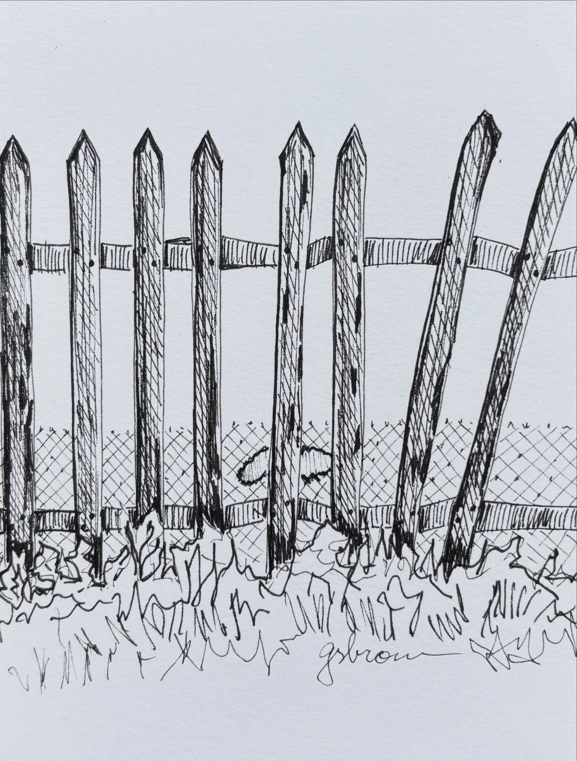 Inktober 2026 Day 13: Flimsy

A little process video for today

&mdash;
Joy had moved in a month ago and had not had time to get into the garden until now, so it was looking pretty neglected.  The flimsy fence surrounding the vegetable patch would ha