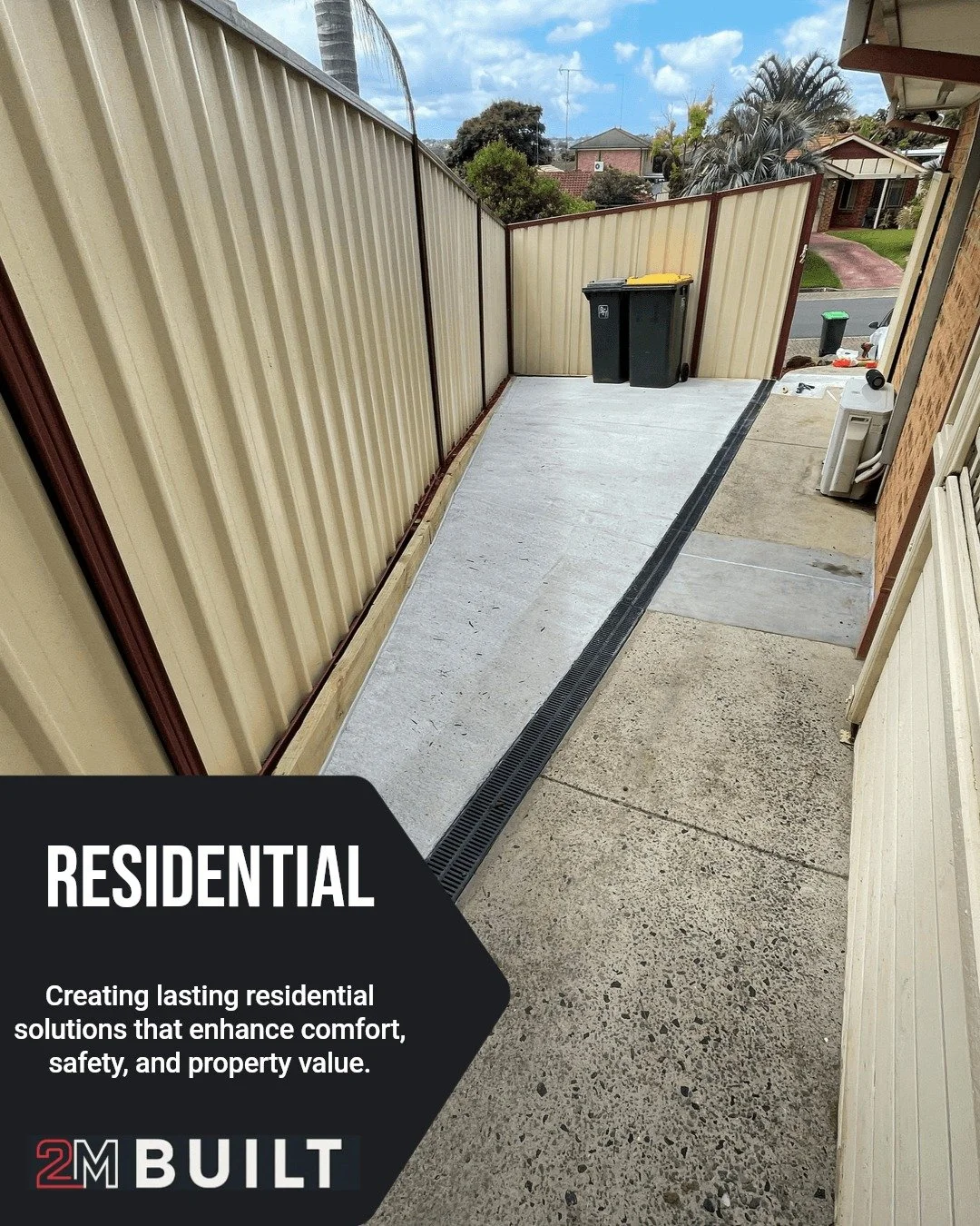 Your trusted partner for high-quality residential construction, repairs, and outdoor transformations.

At this residential property in Kogarah, 2M BUILT removed damaged and unsafe paving before laying a reinforced concrete slab with upgraded drainage