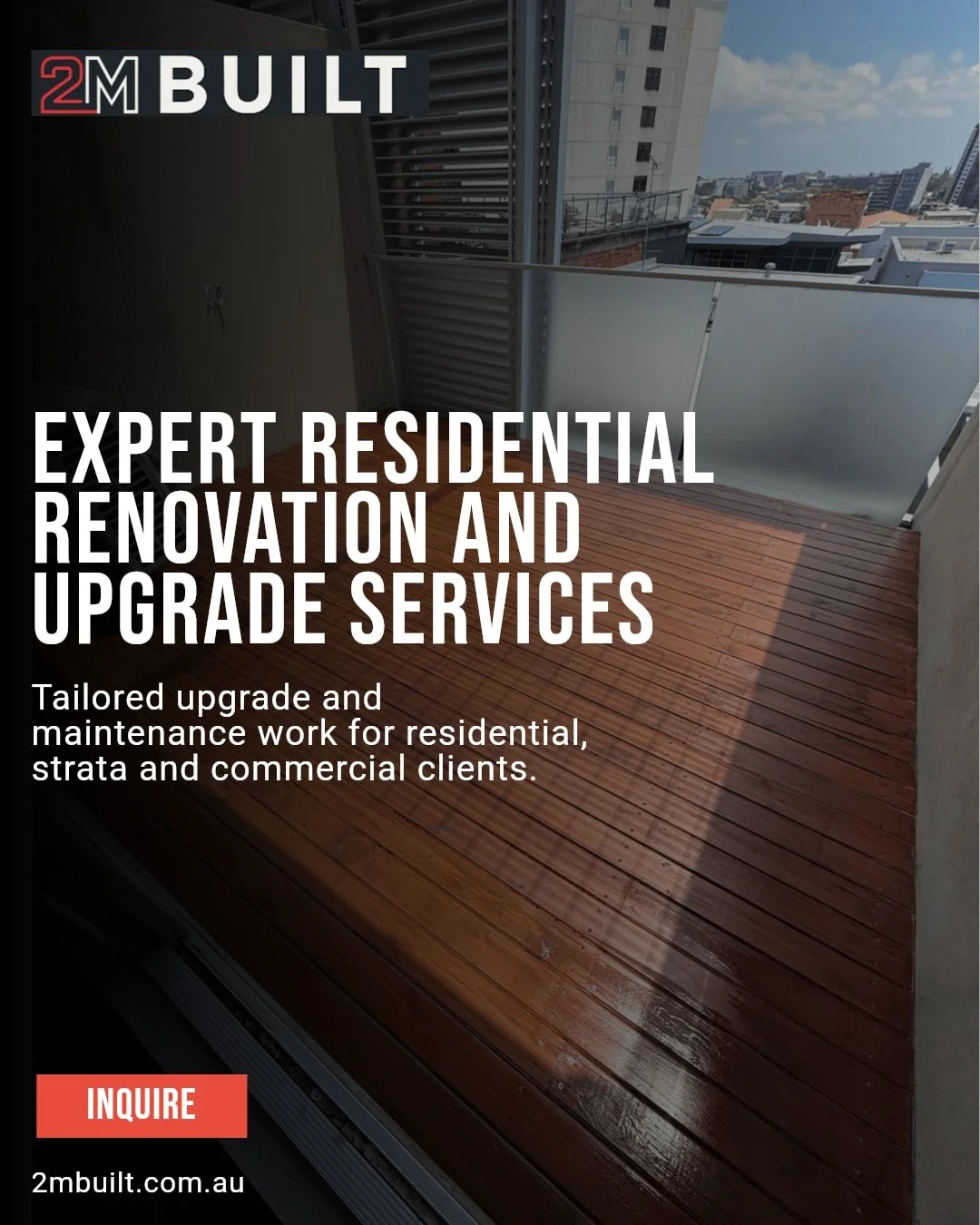 Keeping Your Complex Compliant and Looking Sharp 🛠️

From tired balconies to neglected basements, 2M BUILT delivers expert renovation and remedial solutions tailored to strata, commercial and residential clients across Sydney.

✅ Quality craftsmansh
