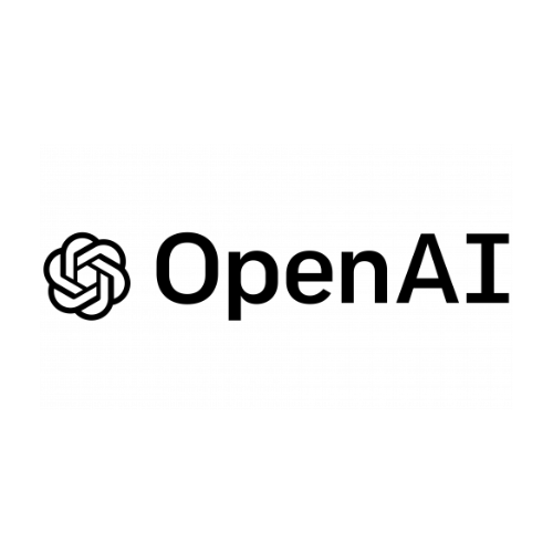 OpenAI logo with a black emblem and the words 'OpenAI' in black on a white background.
