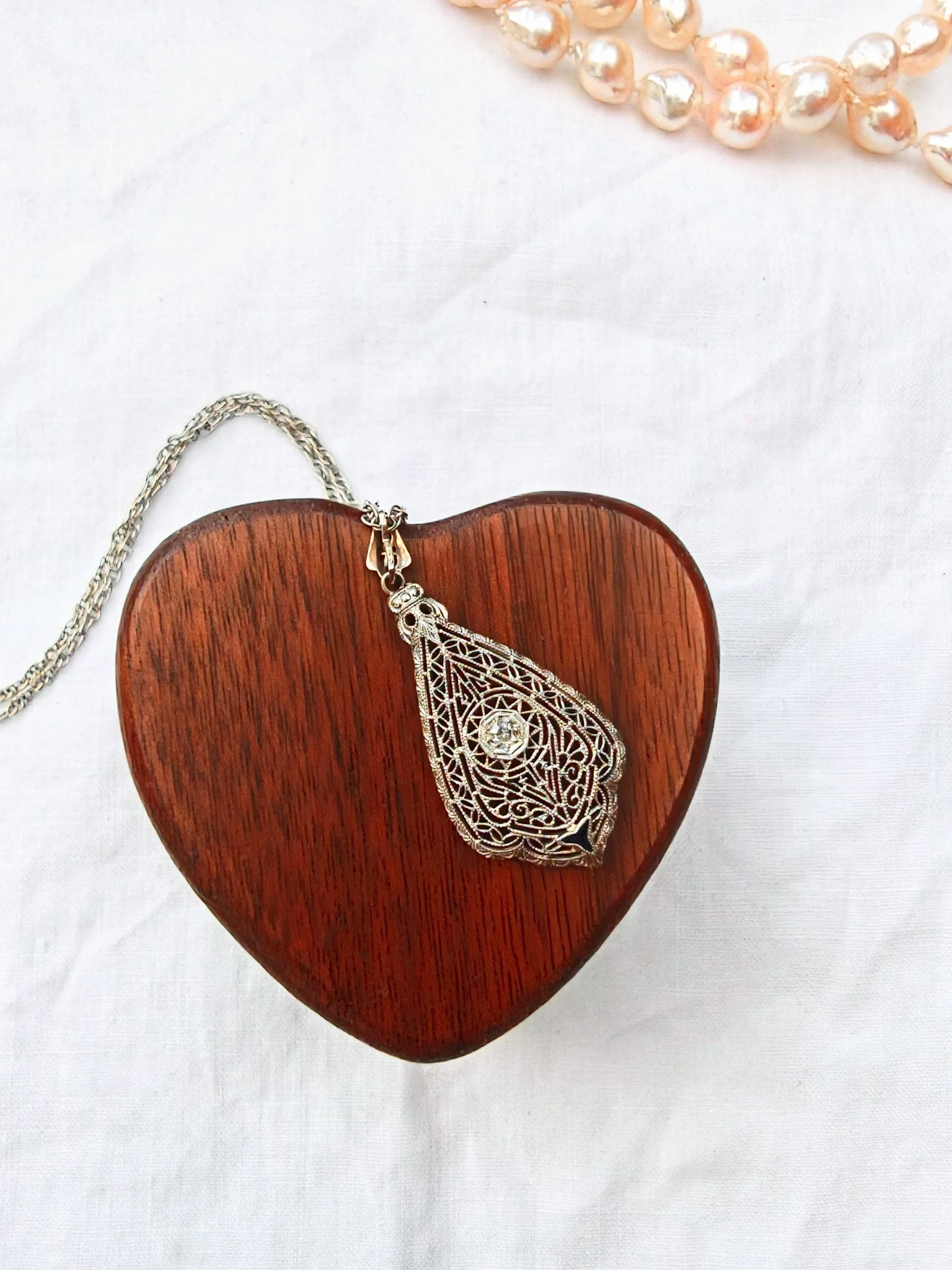 Edwardian Art Deco Diamond Filigree Pendant Necklace | 14K & 18K White Gold, Antique Circa 1910S | Heirloom Hunt Fine Jewelry