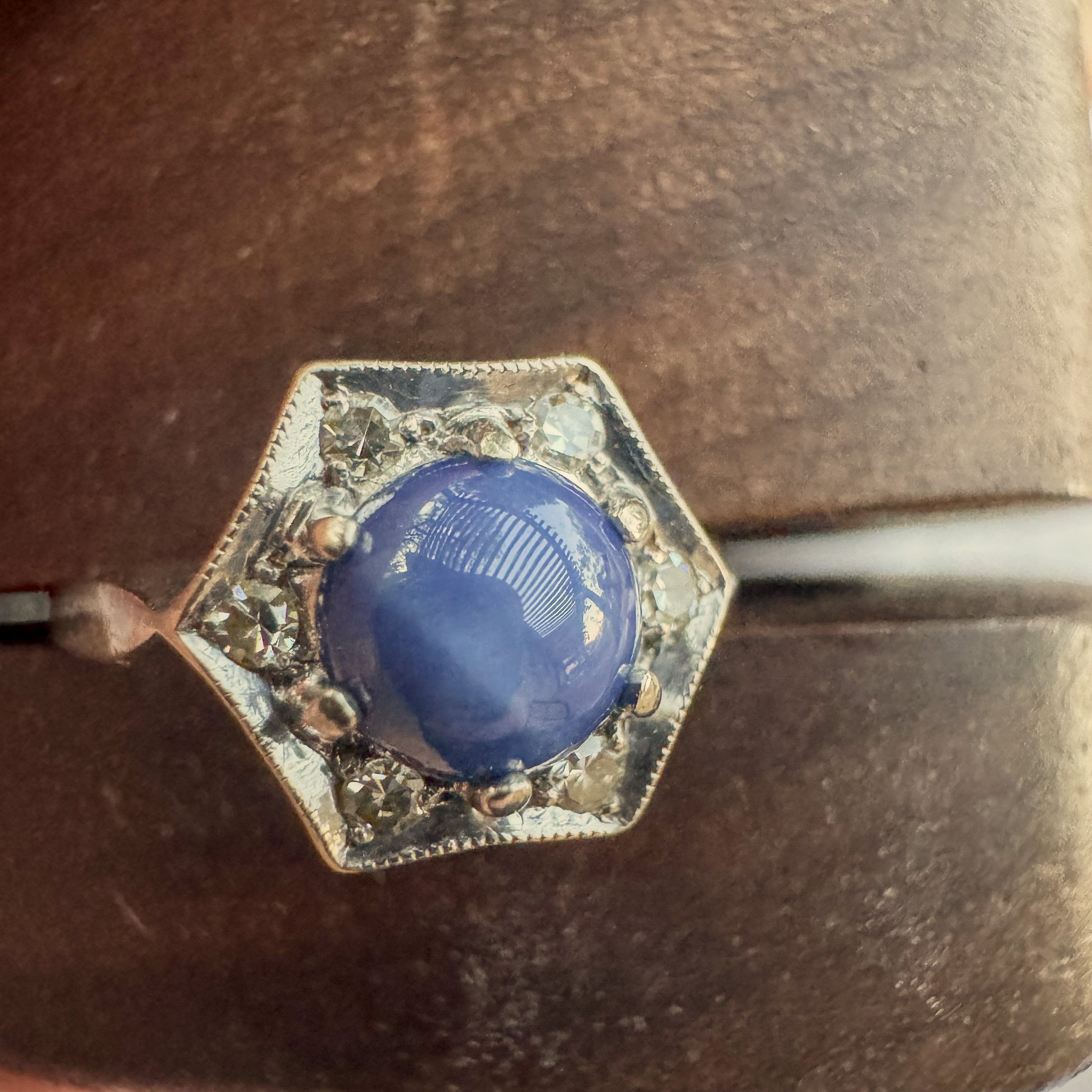 Art Deco 14K White Gold Natural Star Sapphire Cabochon Ring, ~1ct, Diamond Halo Cocktail Ring, Size 6.25 (60 of 21).jpg