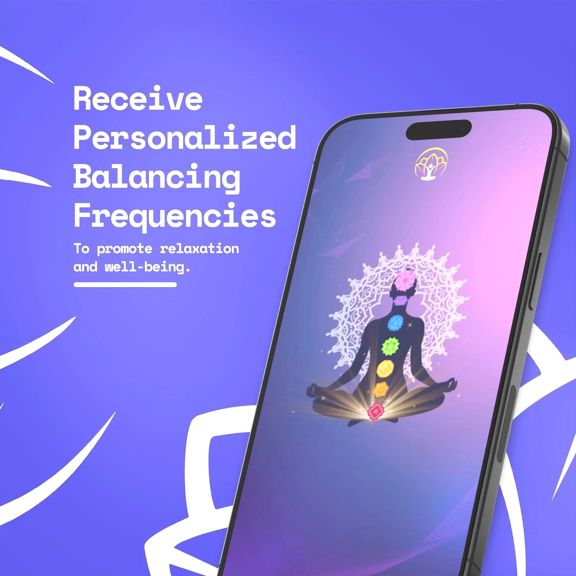 A promotional advertisement on a smartphone screen with a purple and pink gradient background, featuring a human silhouette with a brain composed of colorful gears, and surrounding colorful geometric shapes, promoting personalized balancing frequencies for relaxation and well-being.