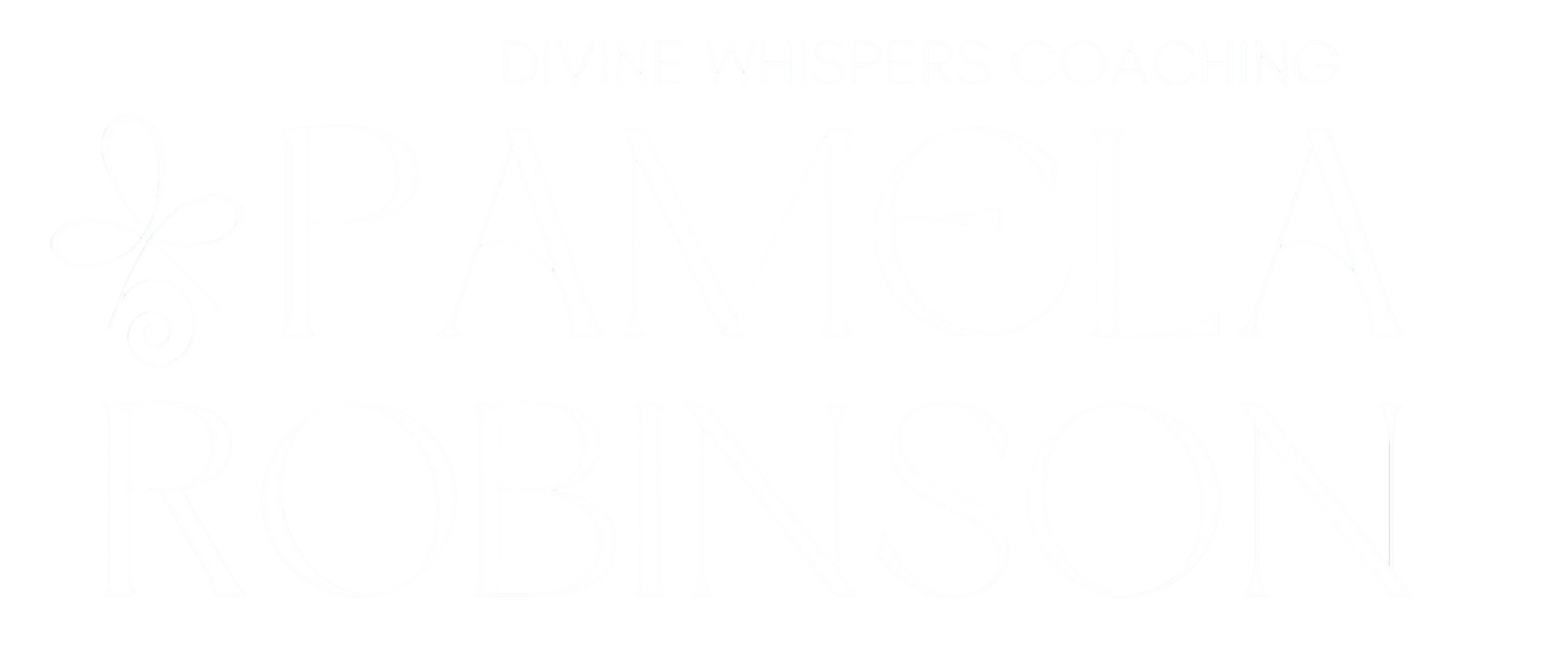 Black background with white text reading "Divine Whispers Coaching Pamela Robinson" and a decorative floral design.