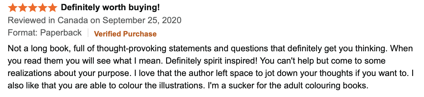 Online book review for a paperback titled 'Definitely worth buying!' with a five-star rating, reviewed in Canada on September 25, 2020, praising the thought-provoking content and space for personal reflection.