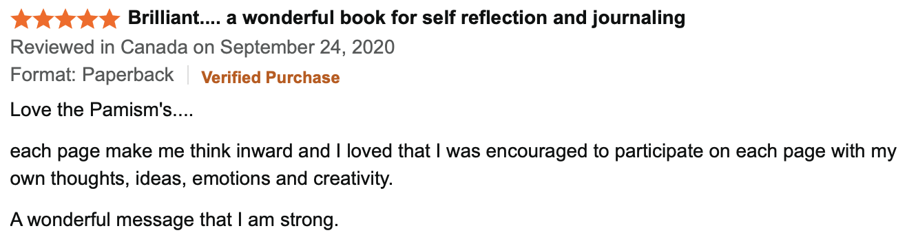 Online book review for 'Pamsims' expressing appreciation for its encouragement of self-reflection, creativity, and emotional strength.