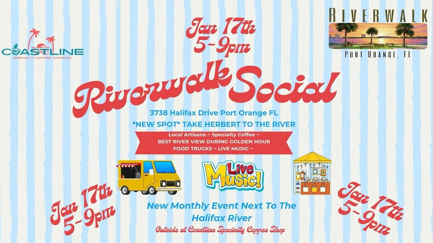 Riverwalk Social is here in port orange!! 🍊Join us next Saturday for a grand community event with food trucks, live music, local makers and more!!! This is the Newest Event at the Newest Coffee Shop around. ☕️ Amazing Views next the Halifax River- t