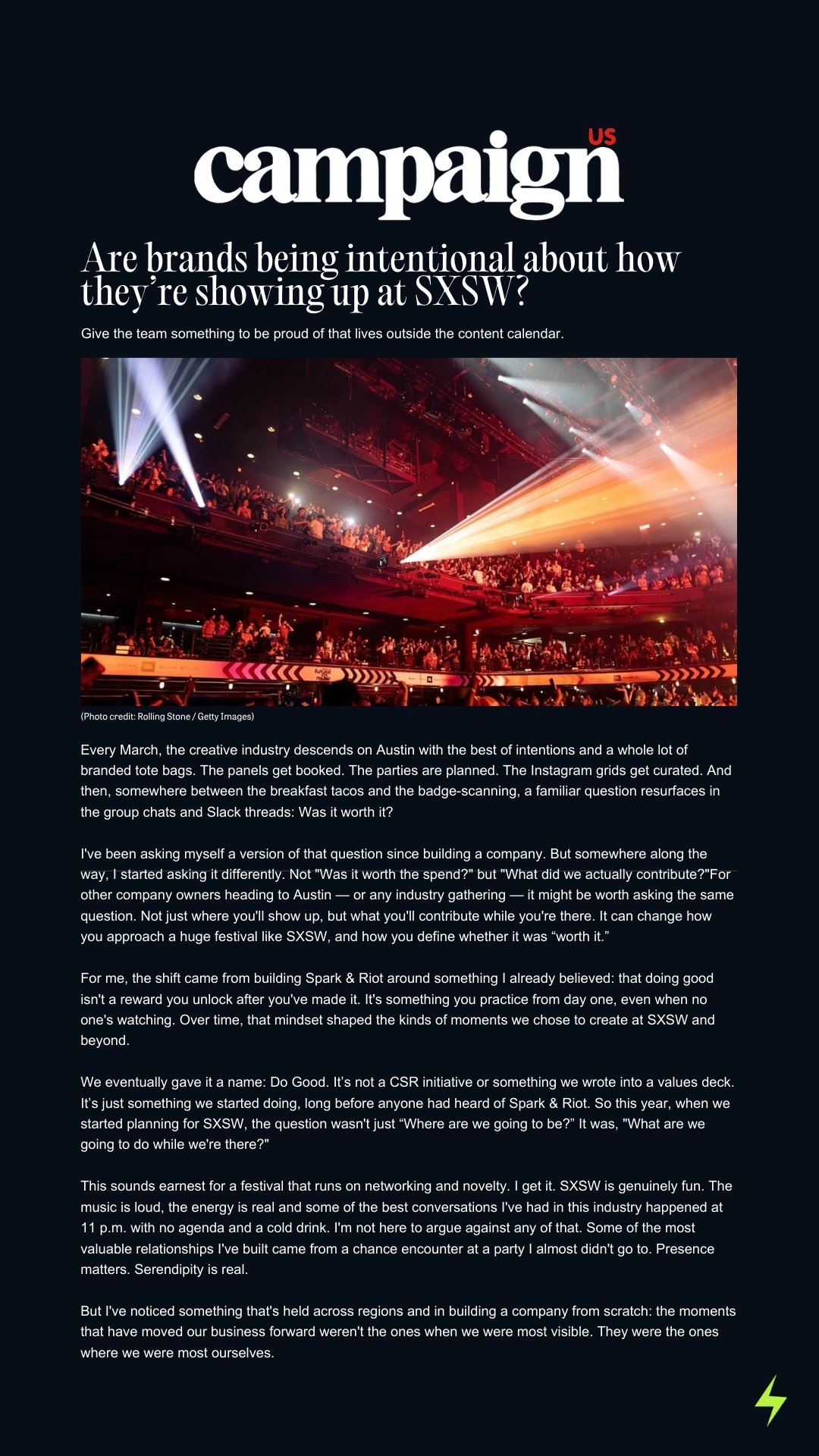 Webpage showing an article about branding at SXSW, featuring a photo of a crowded event with stage lights and audience.