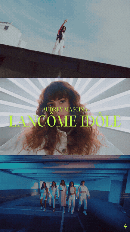 A three-part collage with a woman on a rooftop in the top, a woman with curly hair and bold makeup in the middle, and five women walking in an underground parking garage at the bottom.