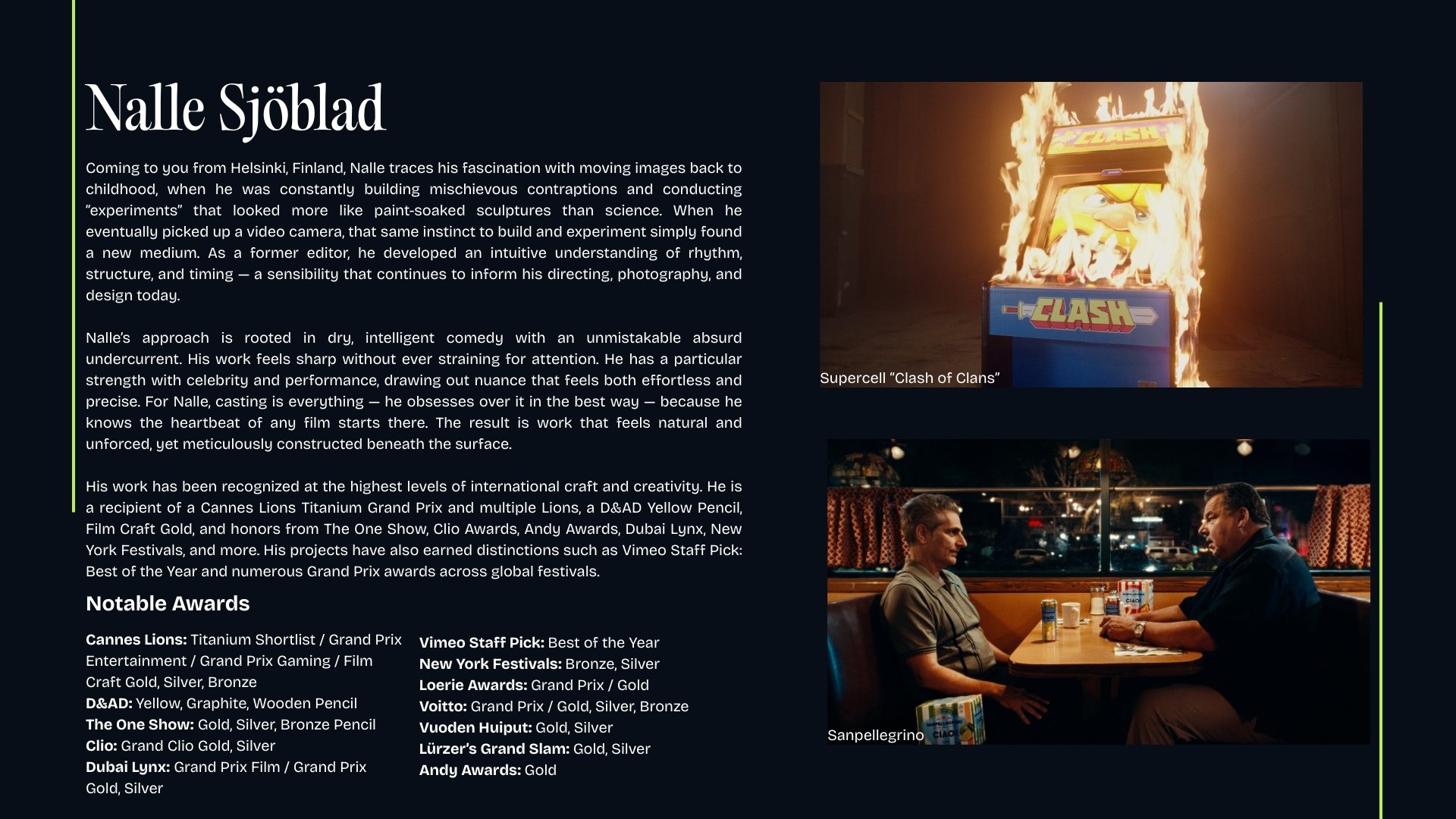 A website.about Nalle Sjöblad with text about his background, awards, and notable achievements, along with two images: the first showing a burning arcade game machine labeled 'Clash of Clans,' and the second showing two men sitting at a table in a re