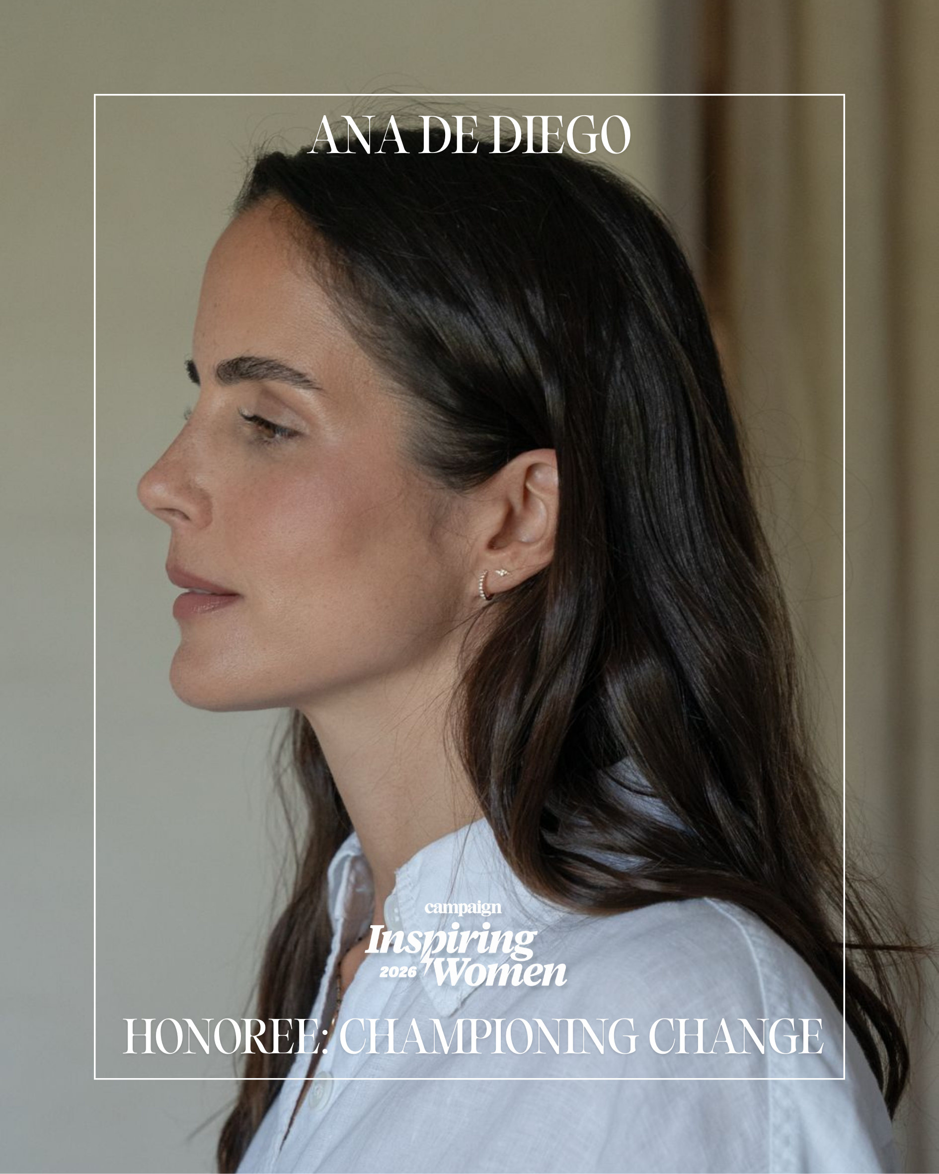 Side profile of a woman with dark brown hair wearing a white shirt, with text overlay for a magazine cover.
