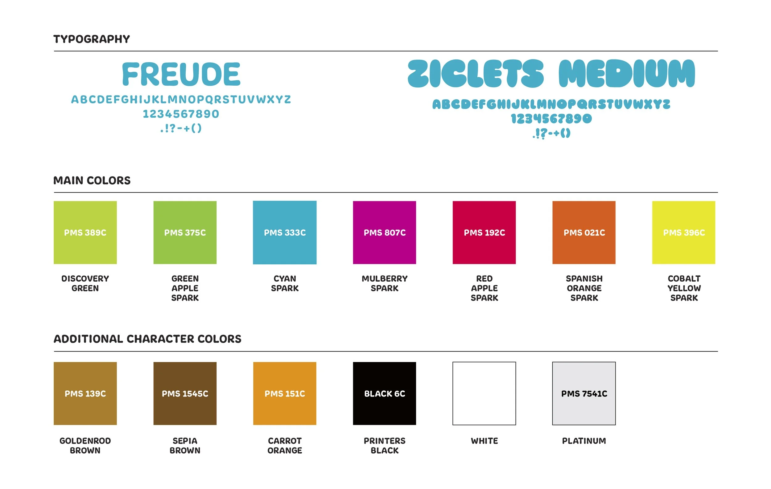 A color palette chart displaying different fonts and colors, including a playful blue font labeled 'FREUDE' and 'ZIGLETS MEDIUM,' with a section showcasing main colors like discovery green, green apple spark, cyan spark, mulberry spark, red apple spark, Spanish orange spark, and cobalt yellow spark, along with additional character colors such as goldenoob brown, sepia brown, carrot orange, printers black, white, and platinum.