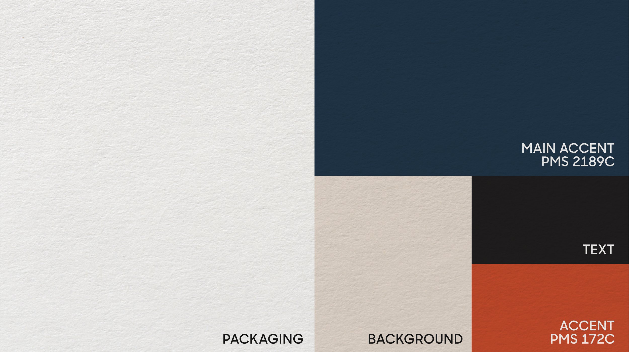 Color swatches labeled 'Main Accent PMS 2189C,' 'Accent PMS 172C,' 'Background,' 'Packaging,' and 'Text,' showcasing different color options for design or branding purposes.