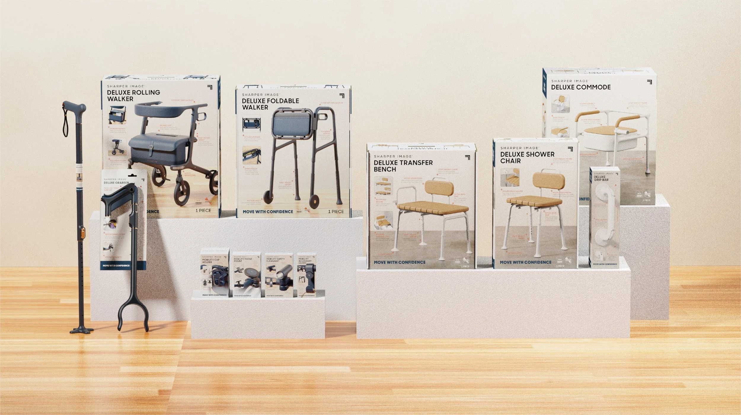 Display of medical and mobility devices, including walkers, transfer benches, shower chairs, grab bars, and mobility accessories, arranged on white shelves against a plain beige wall with a wooden floor.