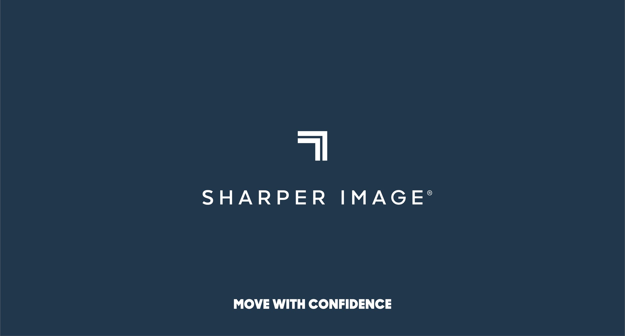 Dark blue background with the Sharper Image logo and the slogan 'Move With Confidence' in white text.