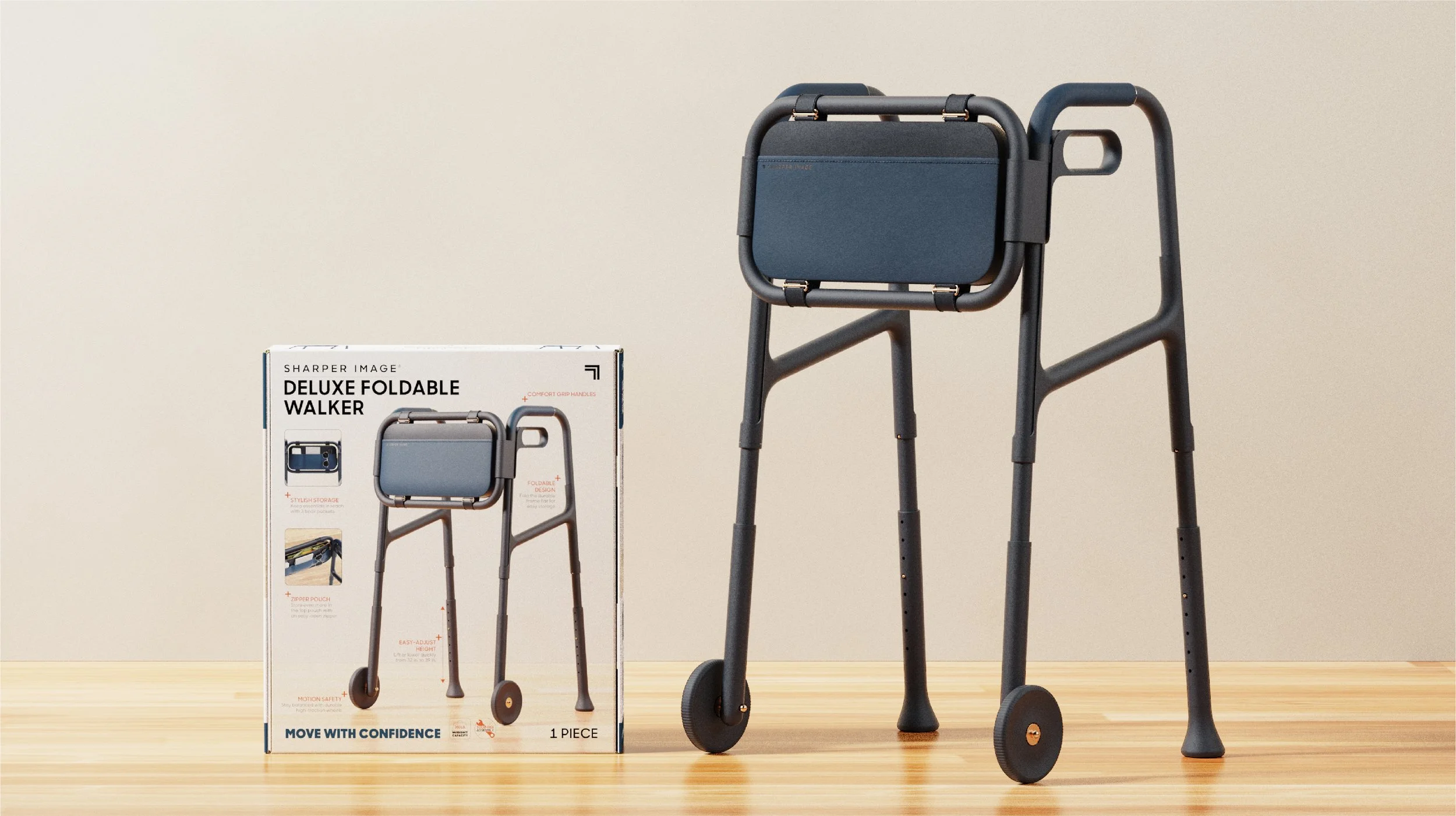 A foldable walker with a blue seat and black frame standing on a wooden floor, with its packaging box next to it.