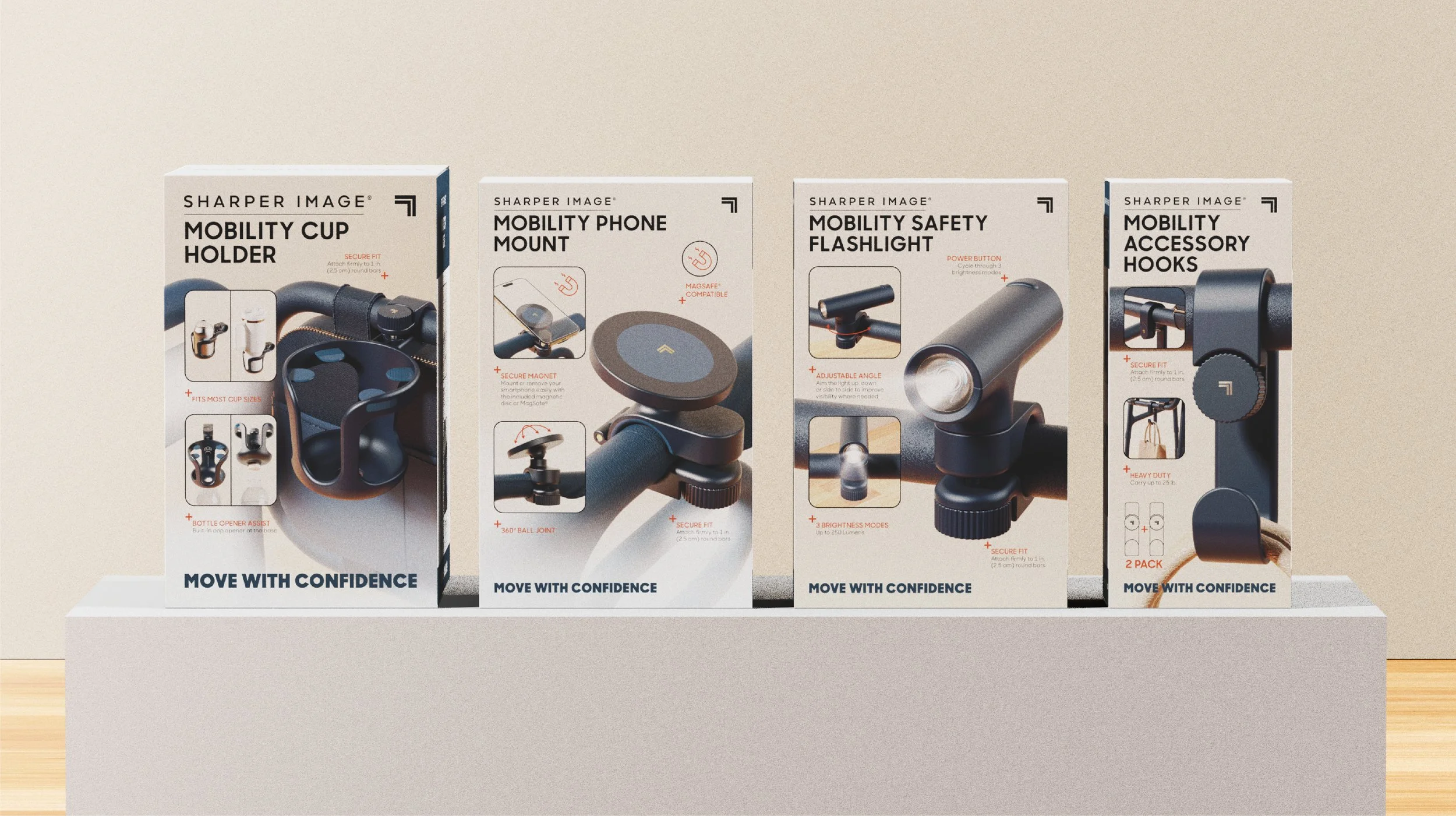 Four product boxes for mobility accessories on a white shelf against a plain wall. The products include a cup holder, a phone mount, a safety flashlight, and accessory hooks, each with images and features listed on the packaging.