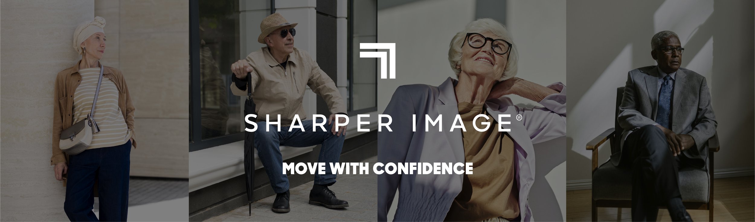 Collage of four elderly adults in various settings: a woman with a headscarf outdoors, a man sitting with a cane outside a building, a woman relaxing indoors, and a man in a suit sitting inside. Overlaid text says 'Sharper Image' and 'Move with Confidence'.