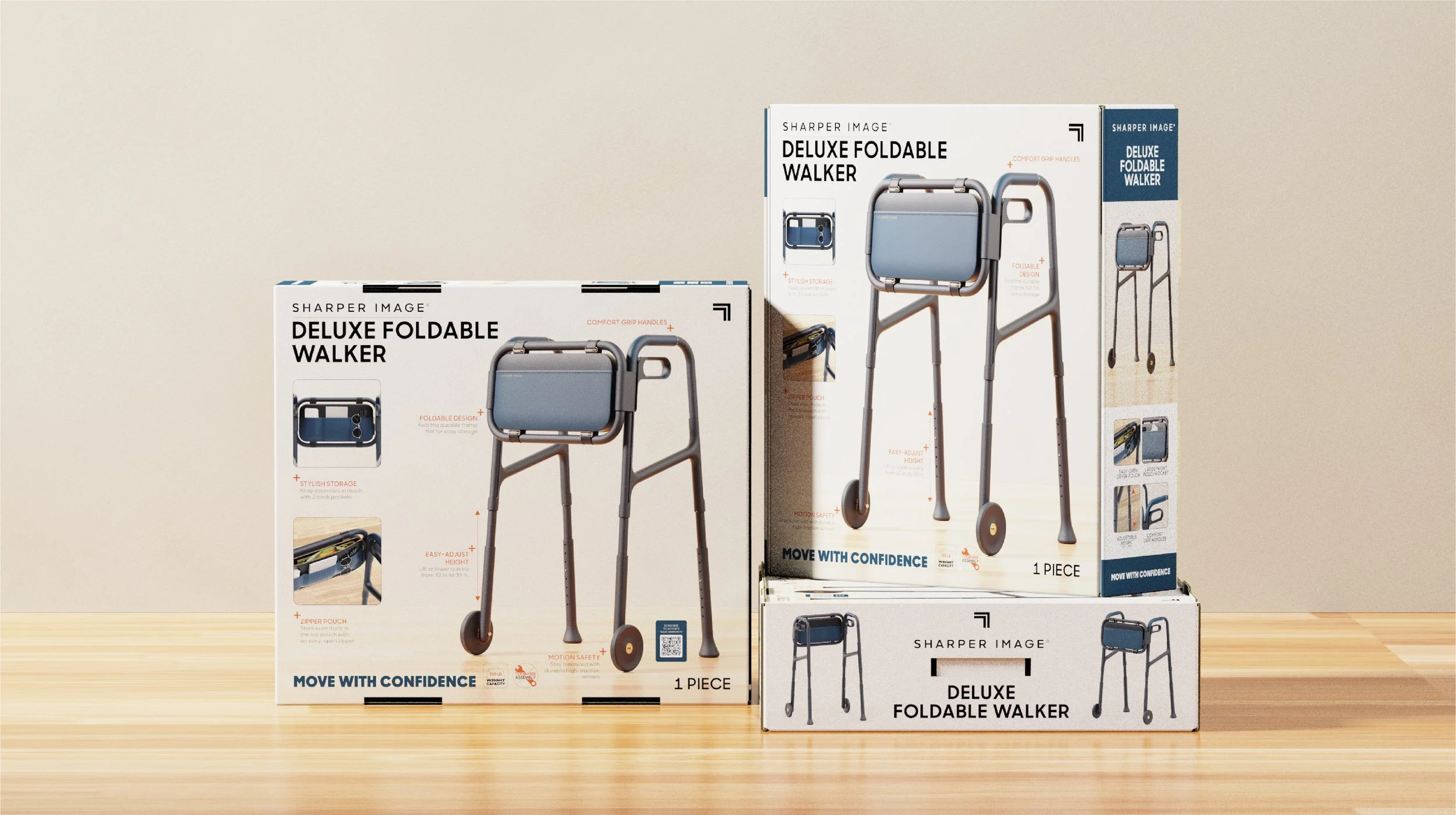 Boxes showing a deluxe foldable walker with a sleek gray design, handle grips, and foldable features, displayed on a wooden surface against a plain background.