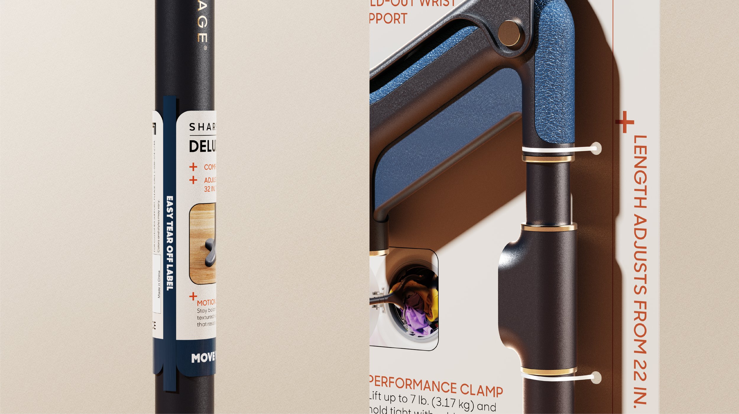 Close-up of a black and brass wall-mounted faucet with a textured blue handle and orange text indicating functions like 'LED Out Wrist Support' and 'Performance Clamp,' against a white background. Part of packaging or an advertisement image for this faucet.