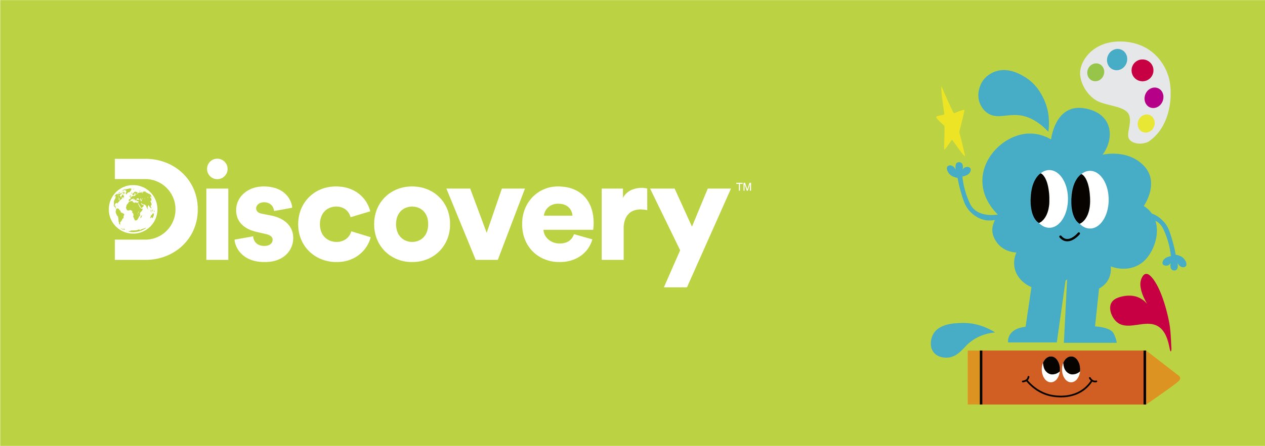 Bright green background with the word 'discovery' in white text and a small globe icon replacing the letter 'd'. To the right, a blue cartoon character with big eyes, standing on an orange pencil with a smiling face, raising one arm with a yellow star and a colorful palette above its head.